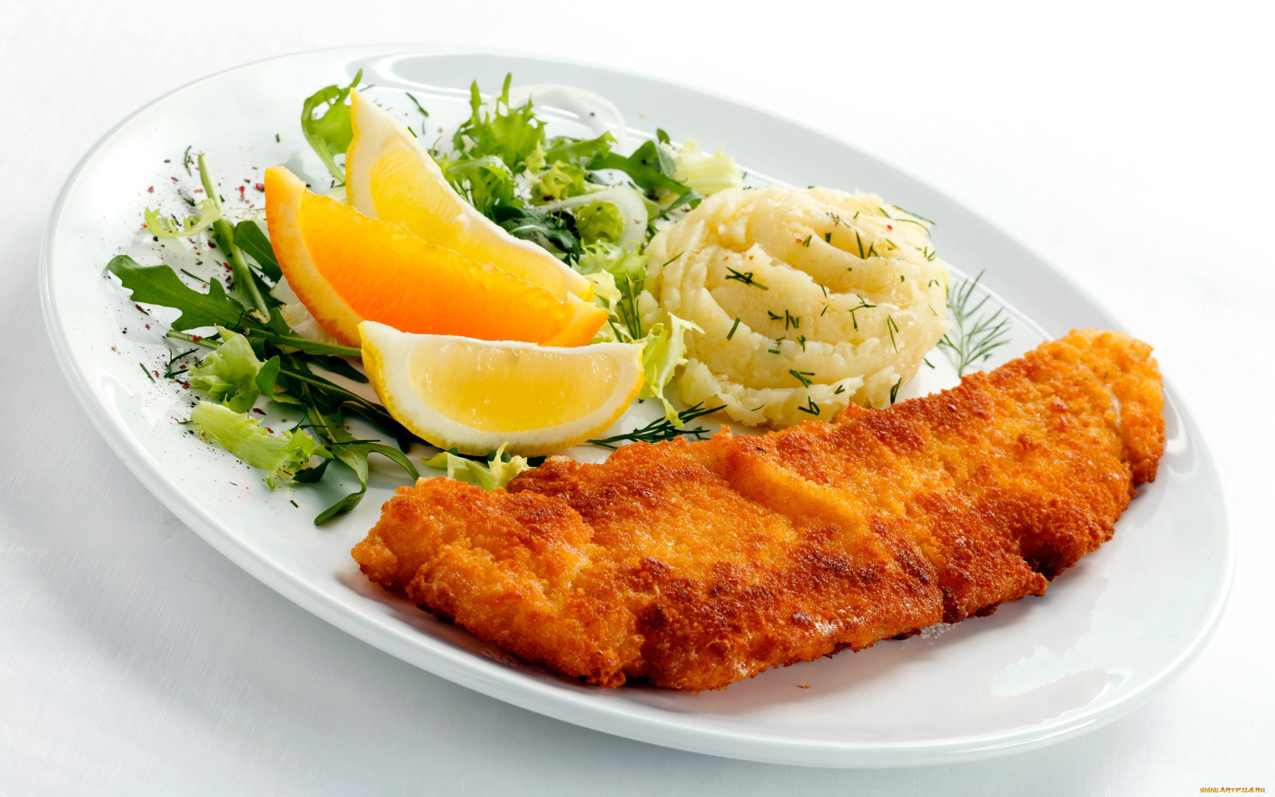 еда, мясные, блюда, пюре, лимон, зелень, отбивная, панировка