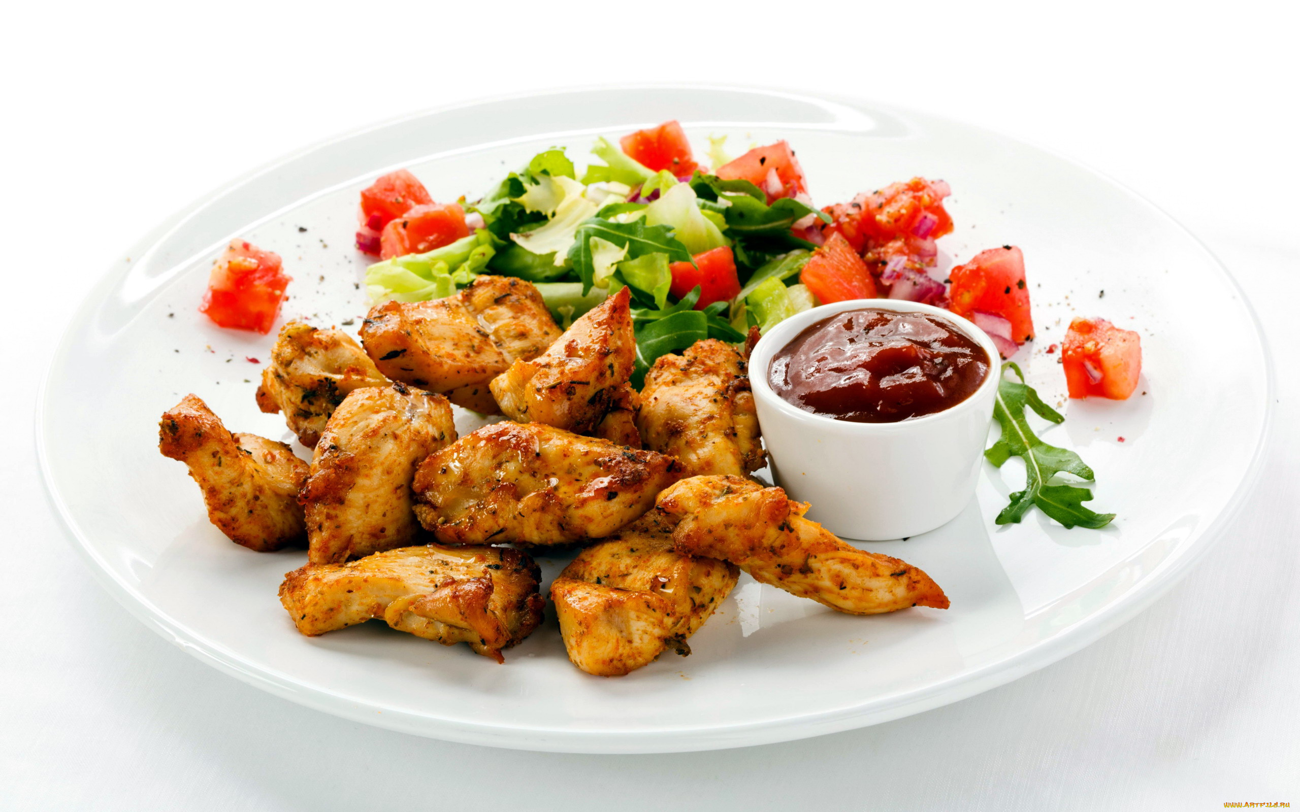 еда, мясные, блюда, салат, кусочки, мясо, зелень, соус, кетчуп