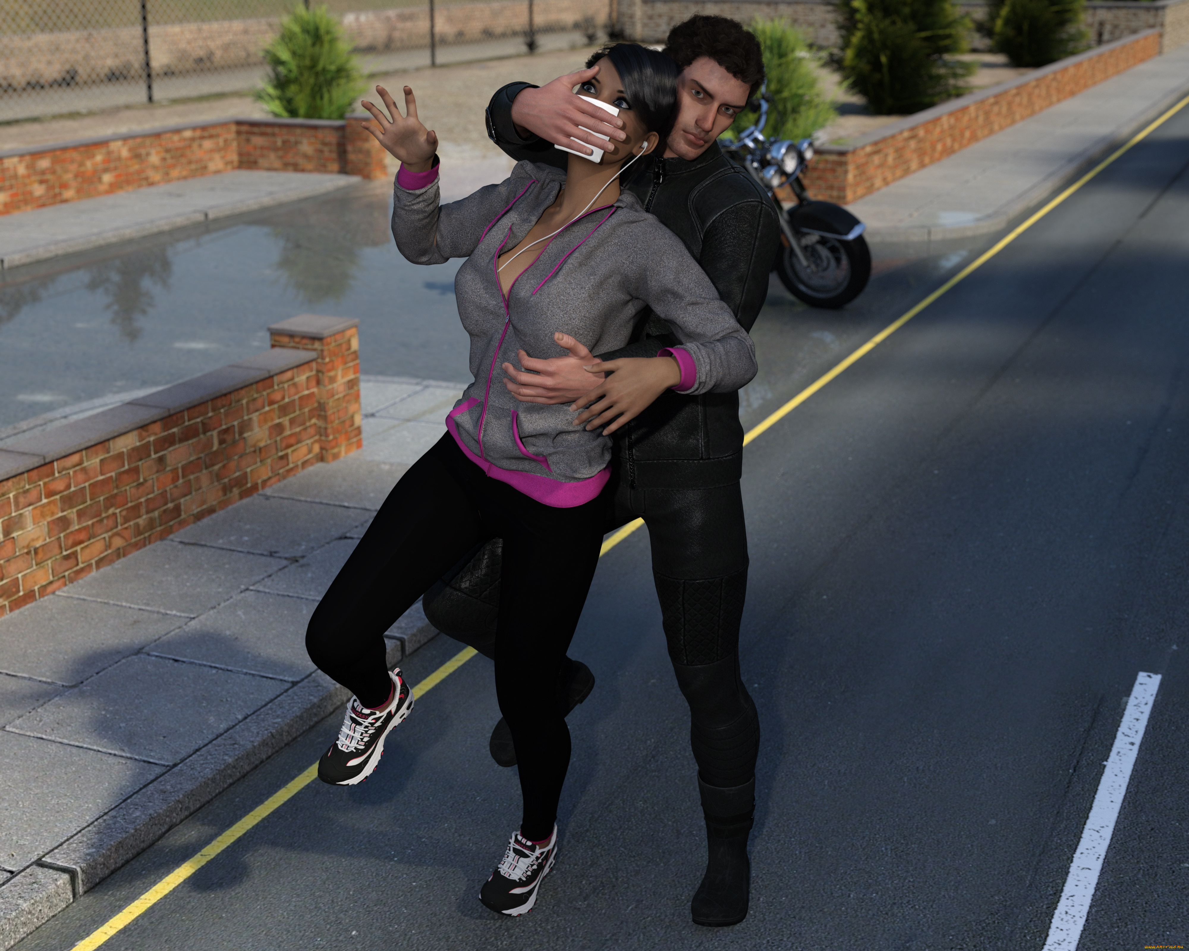 denise, jogging, to, trouble, 3д, графика, фантазия, , fantasy, парень, фон, взгляд, девушка