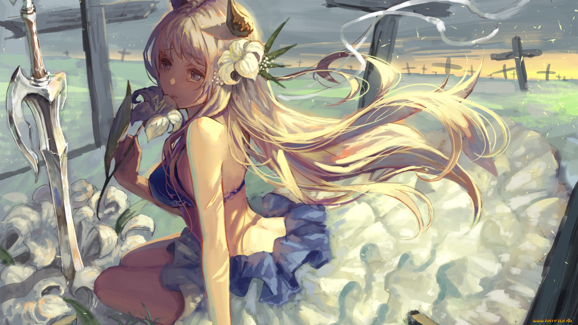 аниме, ангелы, , демоны, кресты, девушка, цветок, tamarashi, рожки, меч, лилия