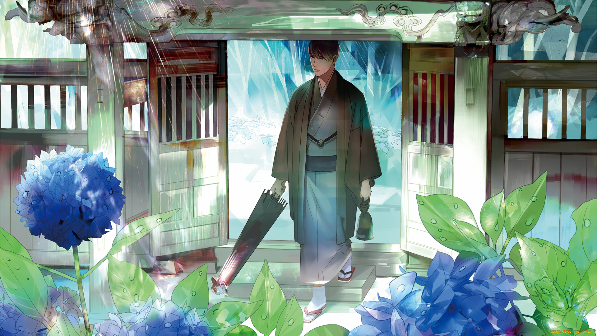 аниме, город, , улицы, , здания, парень