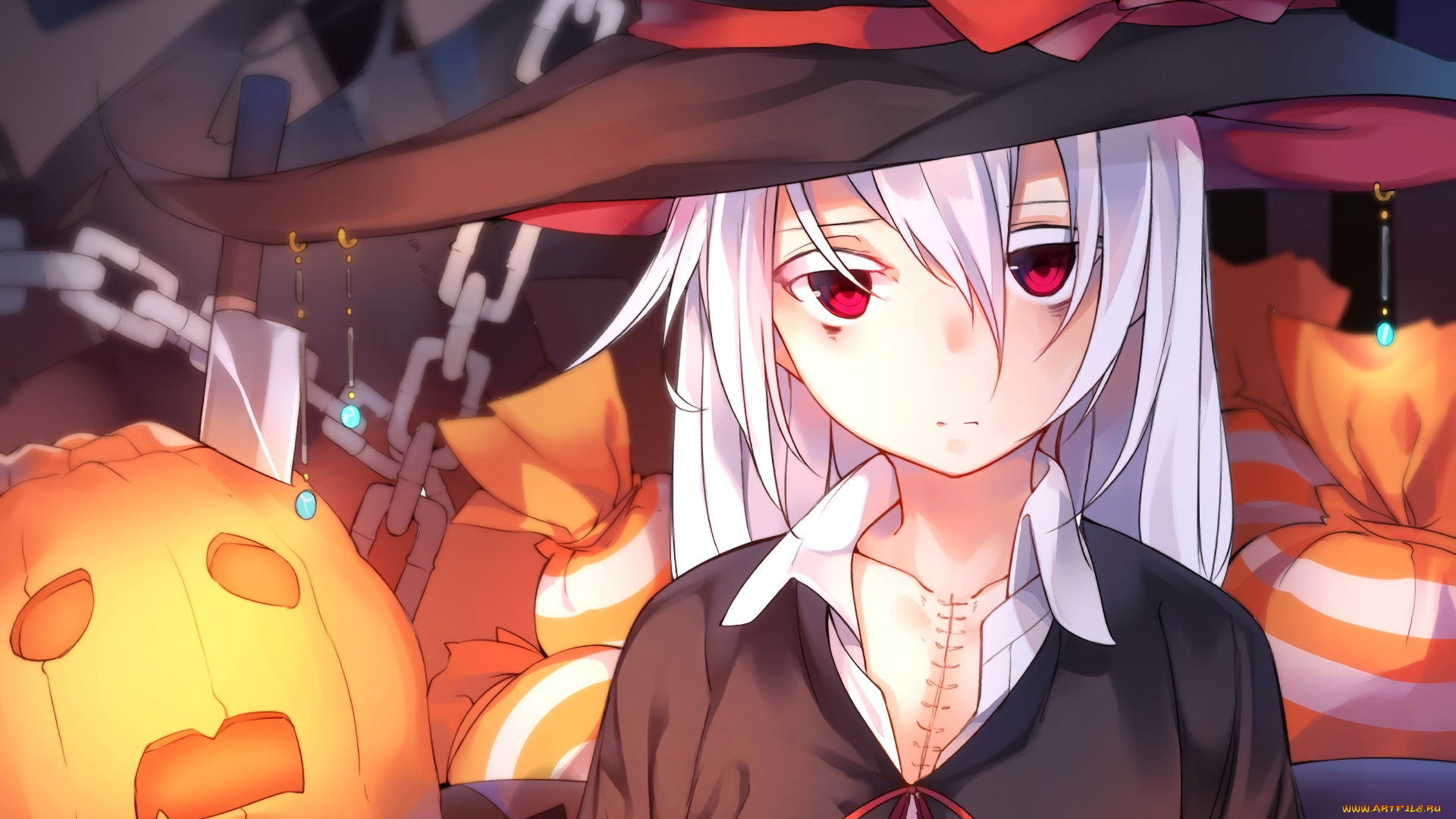 аниме, магия, , колдовство, , halloween, девушка, взгляд, фон