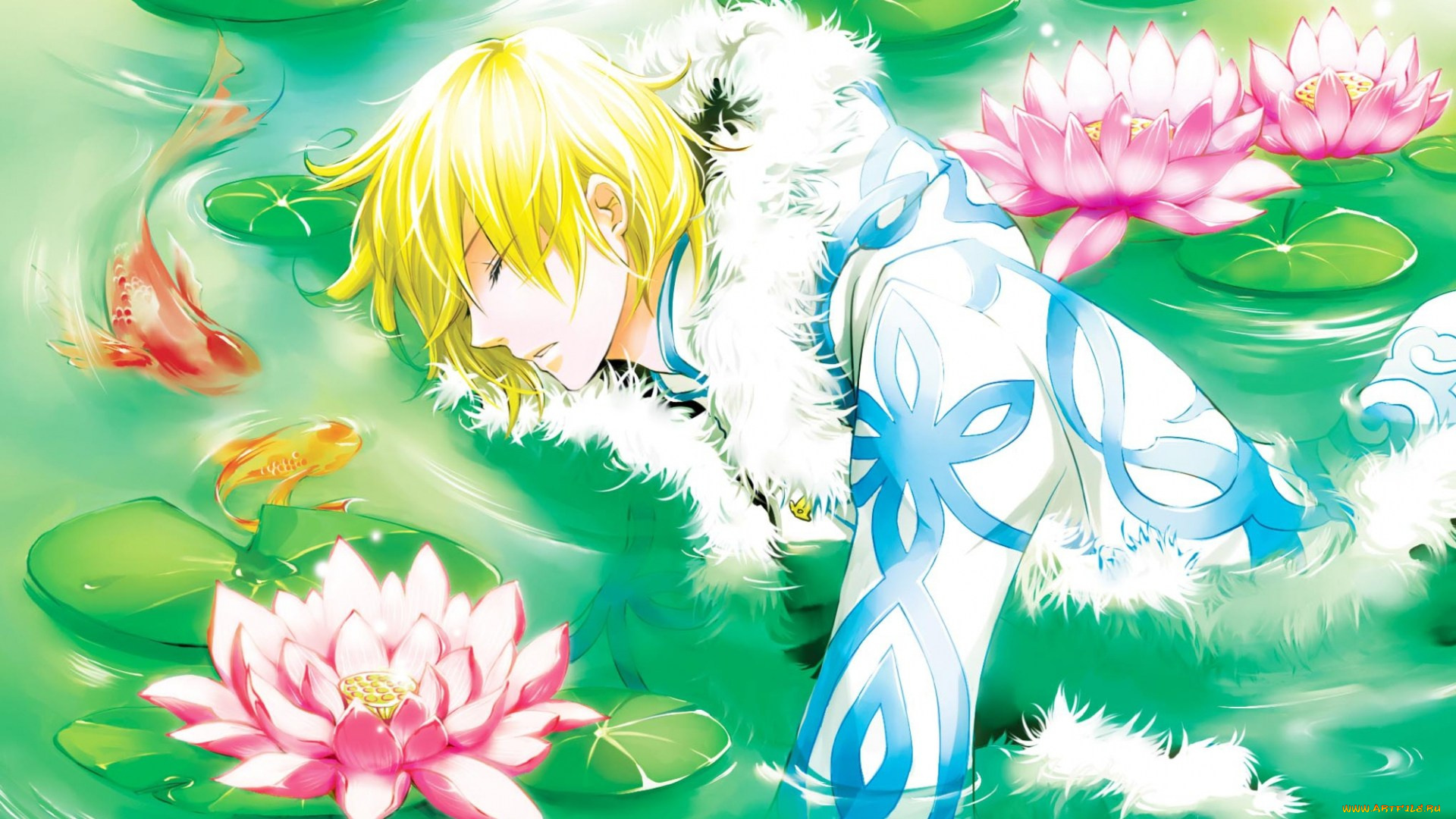 аниме, unknown, , другое, цубаса, водохранилище, хроника, сенэн, лотосы, цветы, парень, вода