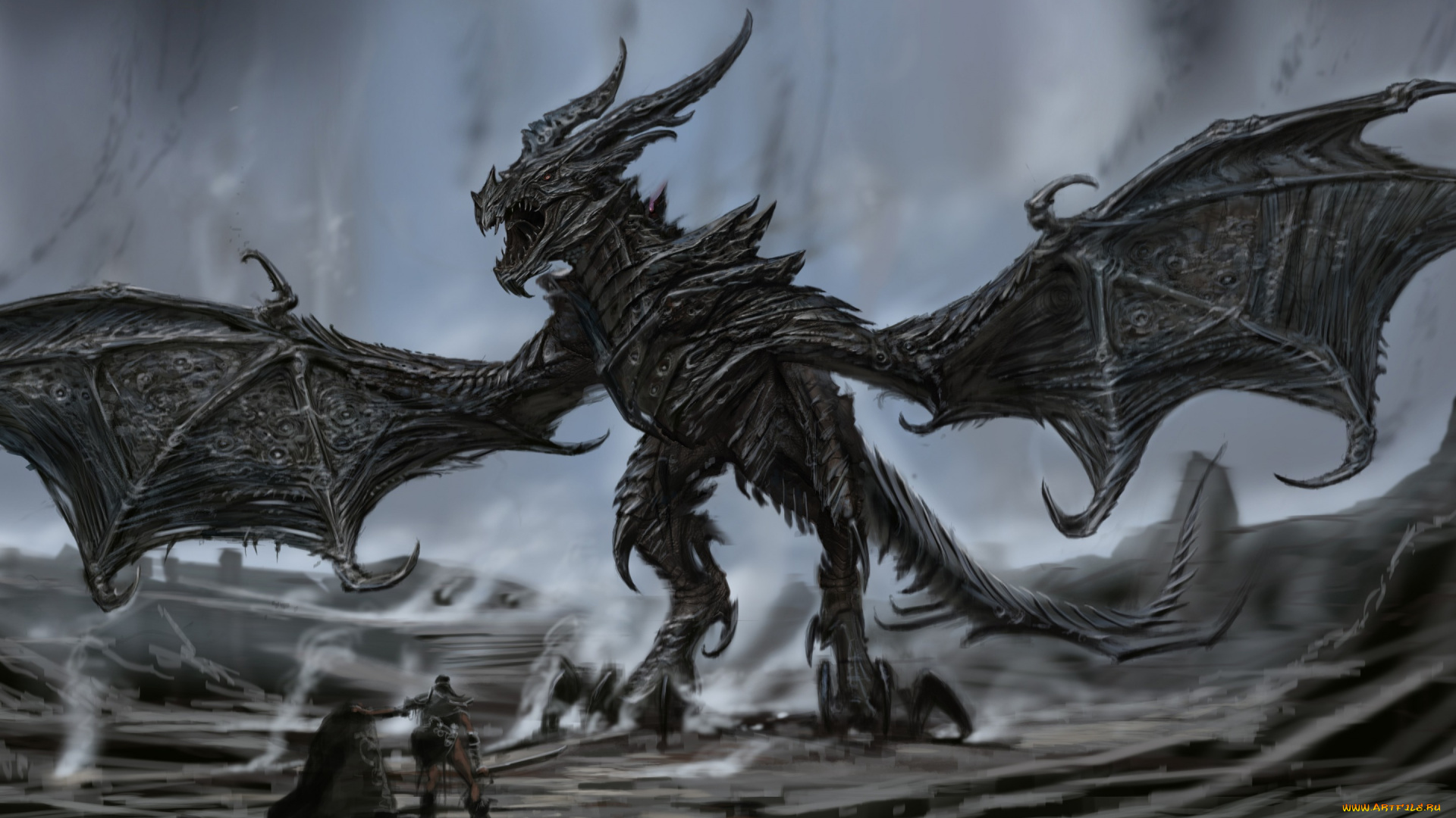фэнтези, драконы, alduin, body, fang, dragon, man, monster, wings