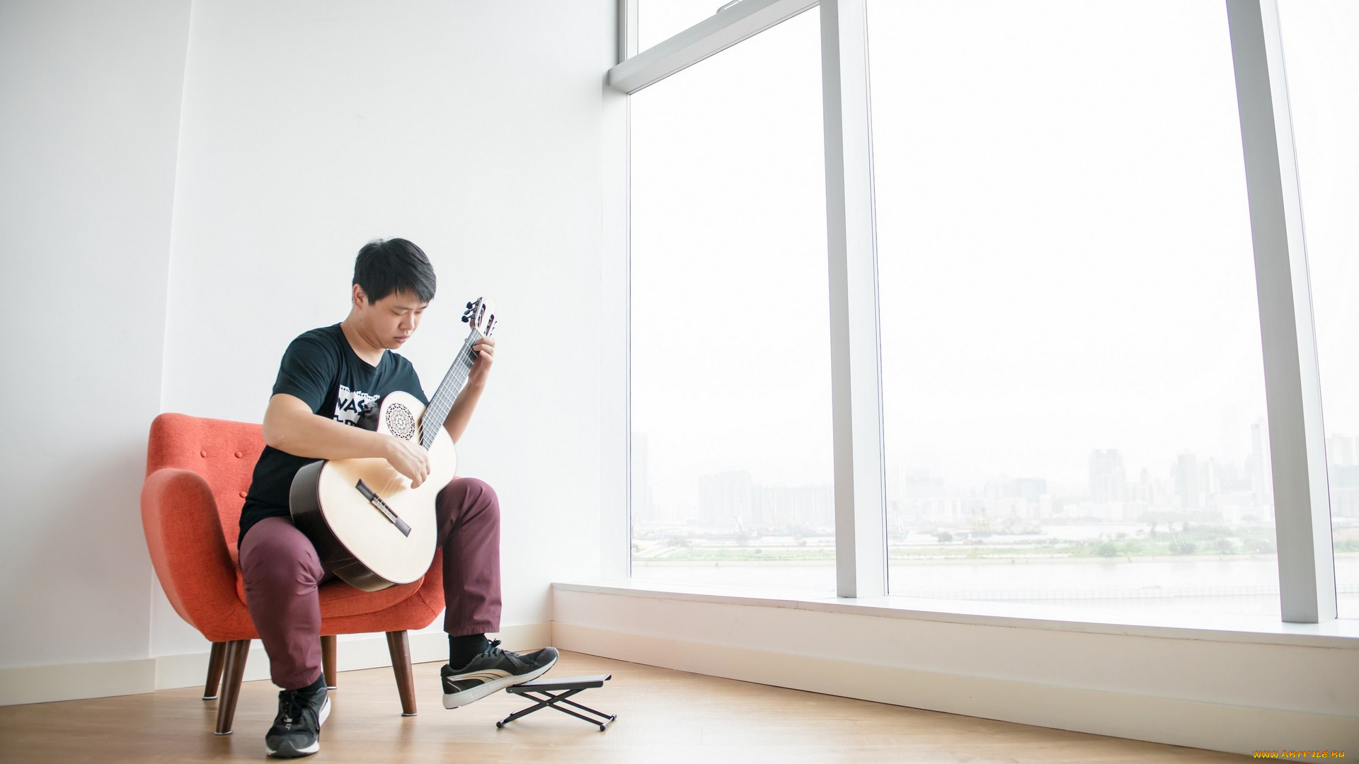 музыка, -, другое, окно, гитара, парень, кресло