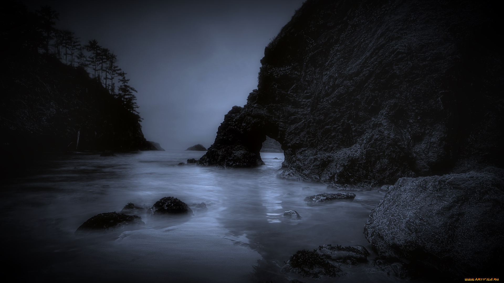 природа, побережье, ночь, камни, море