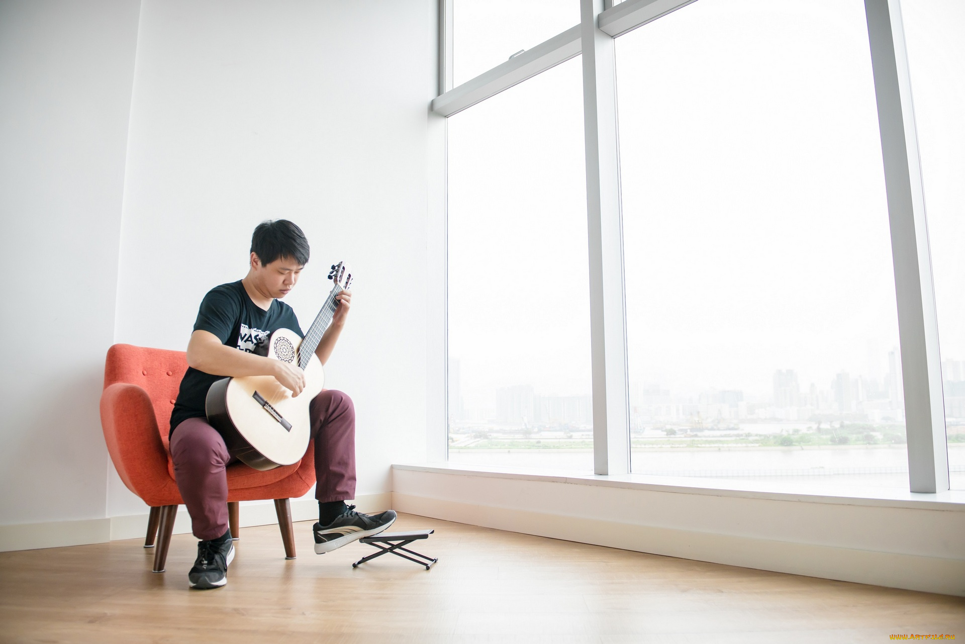 музыка, -, другое, окно, гитара, парень, кресло