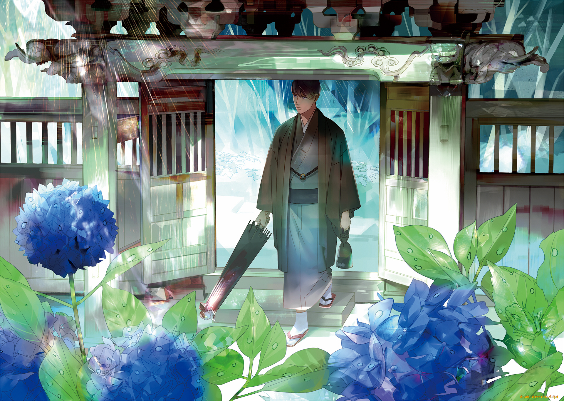 аниме, город, , улицы, , здания, парень