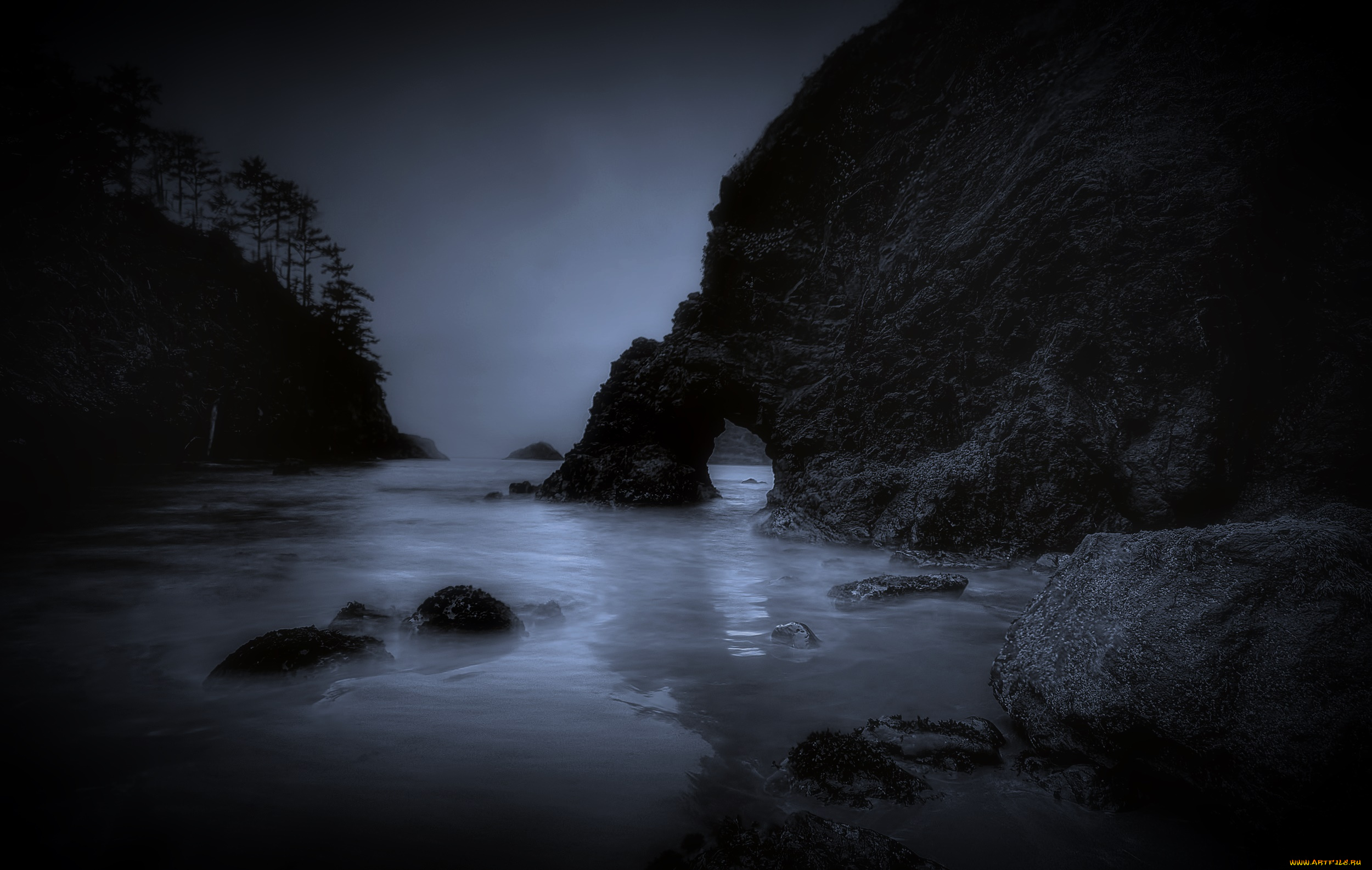 природа, побережье, ночь, камни, море