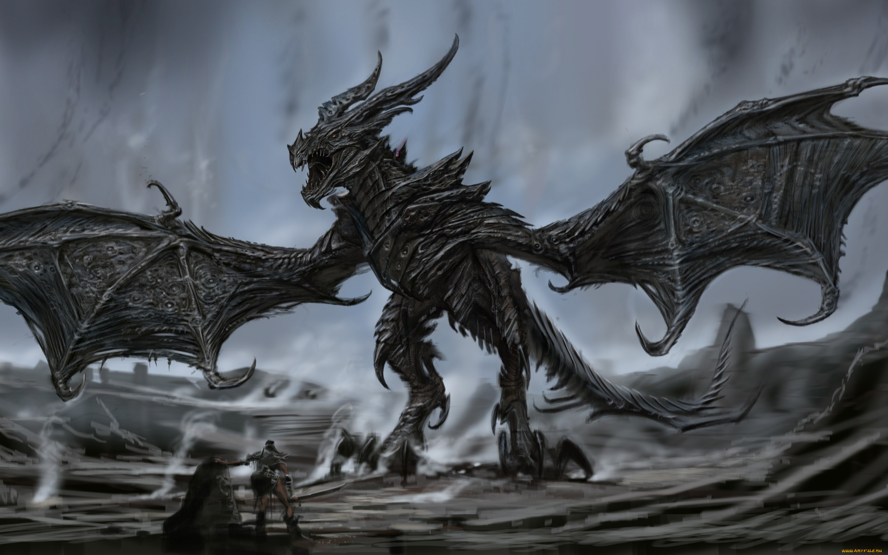 фэнтези, драконы, alduin, body, fang, dragon, man, monster, wings