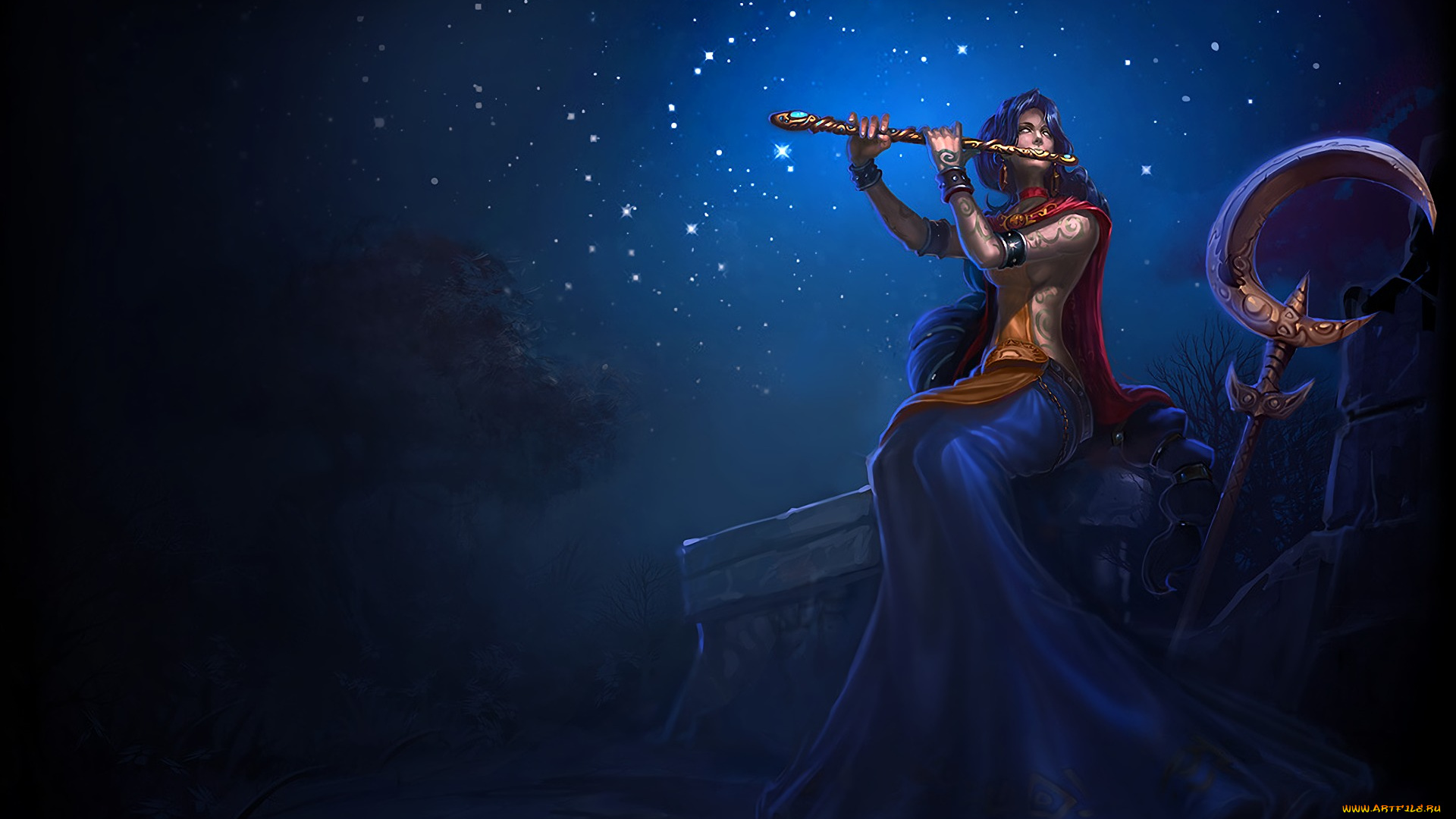 видео, игры, league, of, legends, сорака, посох, флейта, девушка, ночь