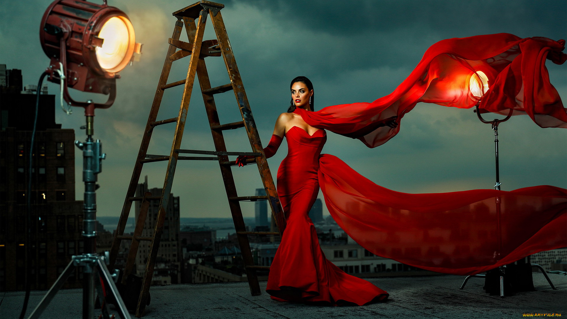 девушки, -, брюнетки, , шатенки, брюнетка, платье, шлейф, софиты, лестница, крыша, дома, город, панорама