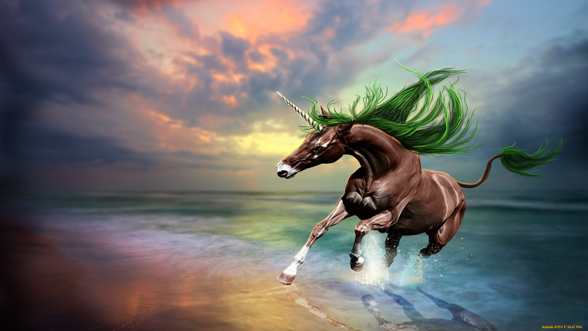 фэнтези, единороги, единорог, море, облака, закат