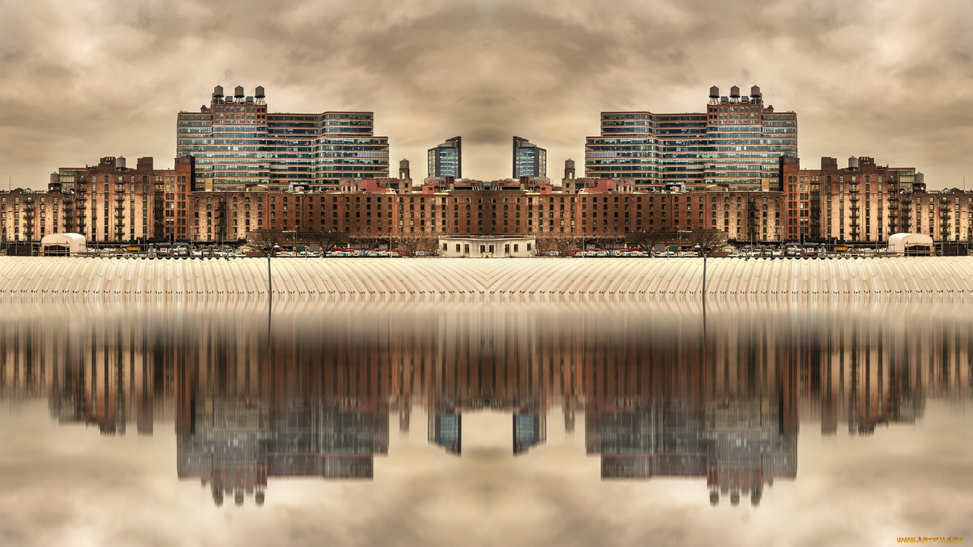 города, нью-йорк, , сша, городской, вид, нью, йорк, вода, отражение