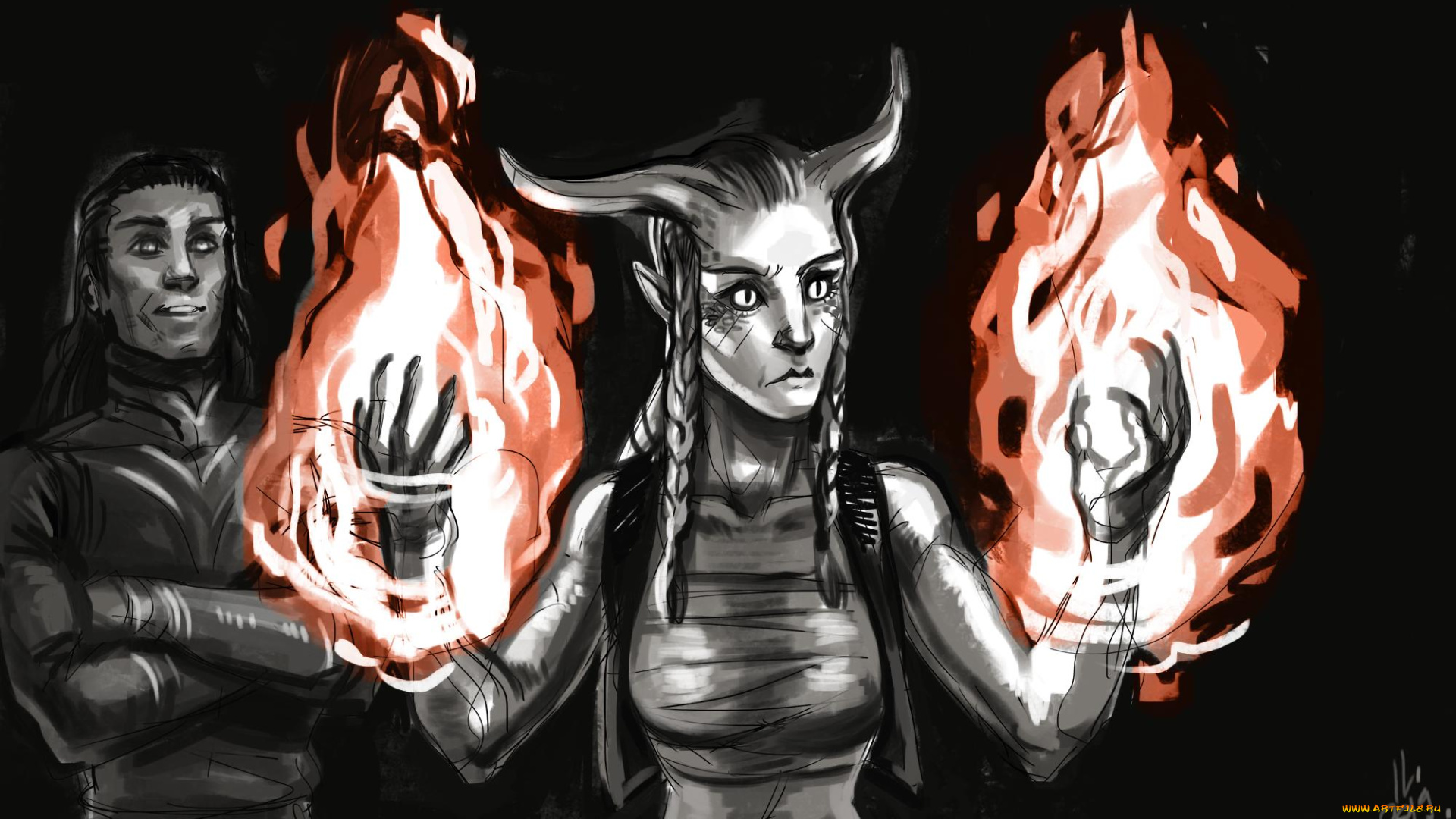 видео, игры, league, of, legends, мужчина, девушка, рога, огонь