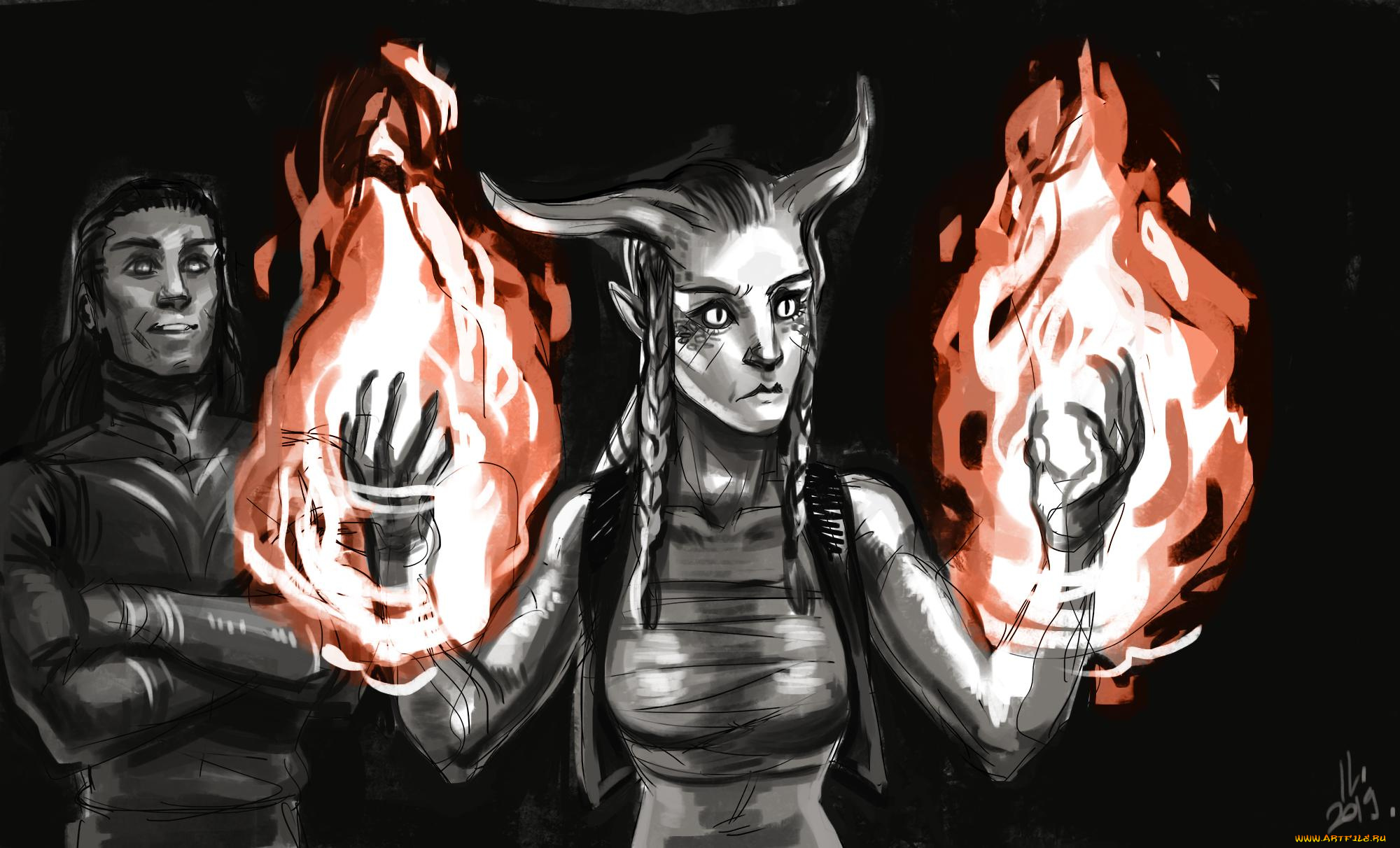 видео, игры, league, of, legends, мужчина, девушка, рога, огонь