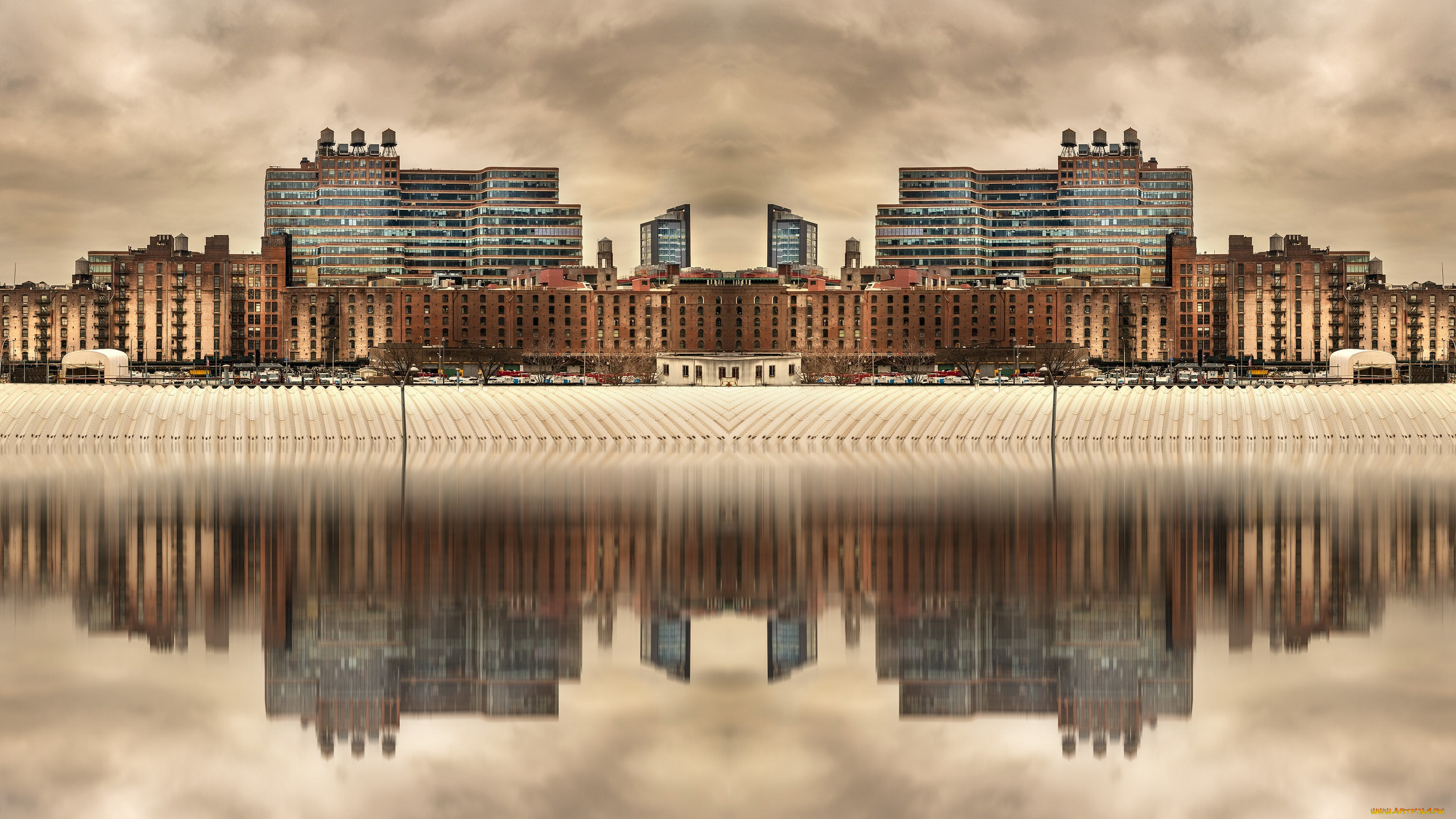 города, нью-йорк, , сша, городской, вид, нью, йорк, вода, отражение