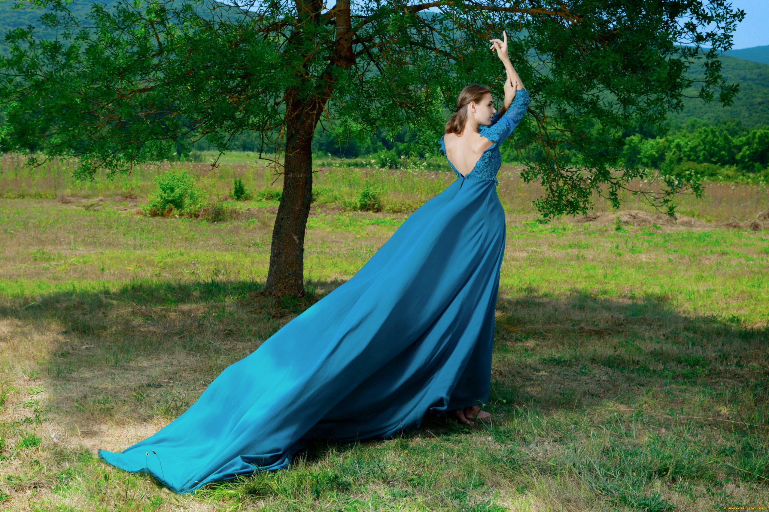 девушки, elle, tan, дерево, платье, поза