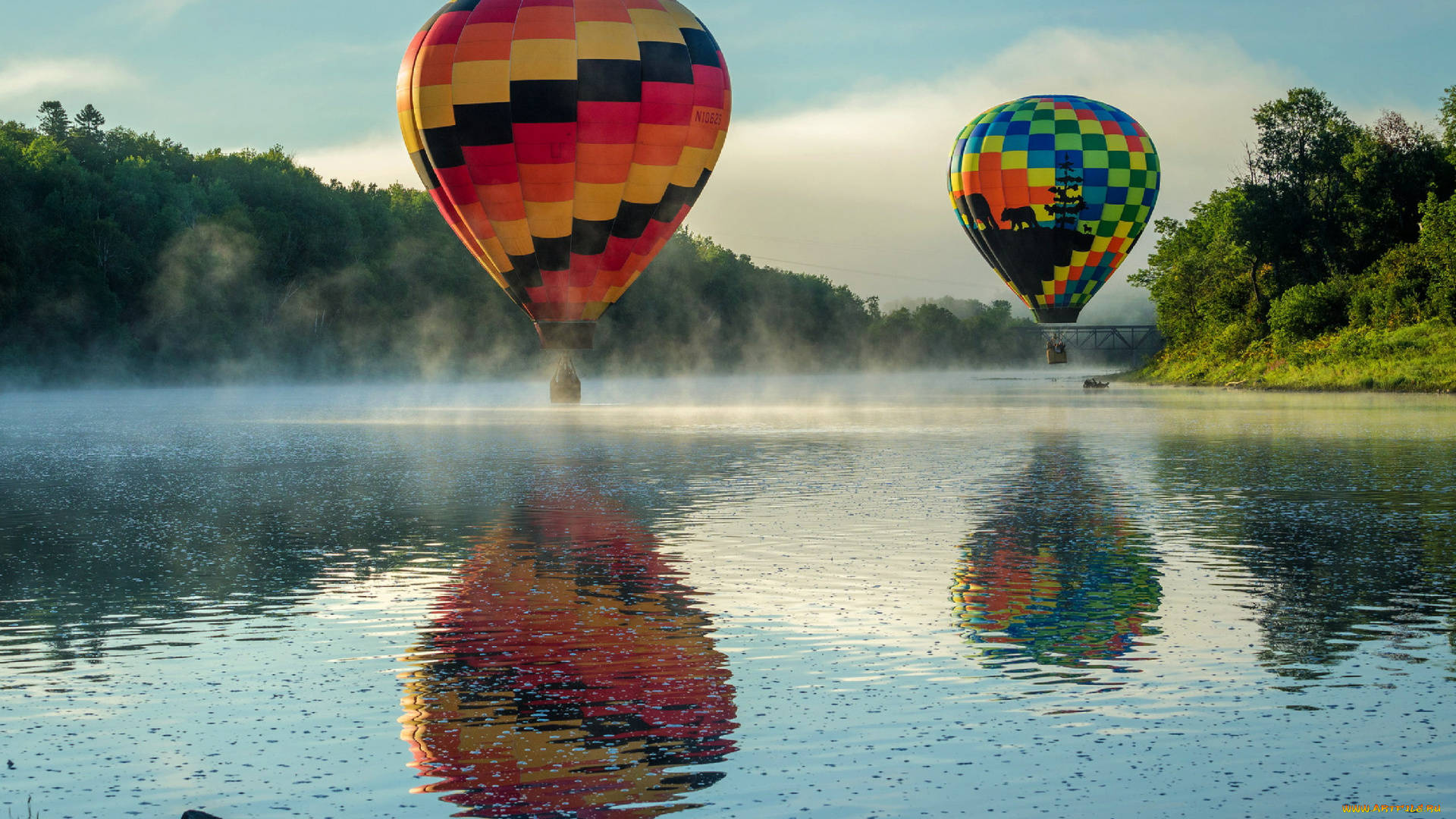 авиация, воздушные, шары, дирижабли, река, воздушные, шары, туман