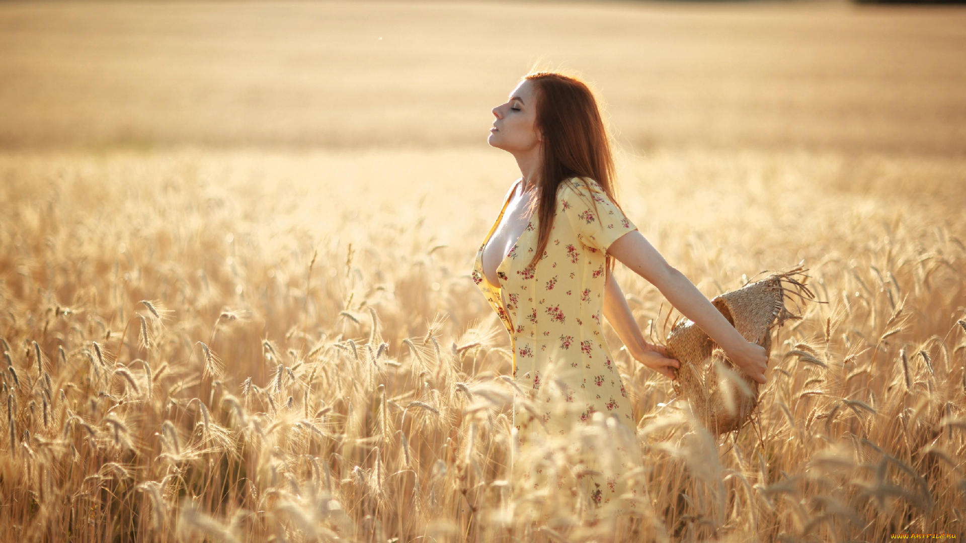 девушки, дарья, костина, поле, рыжие, волосы, платье, шляпа