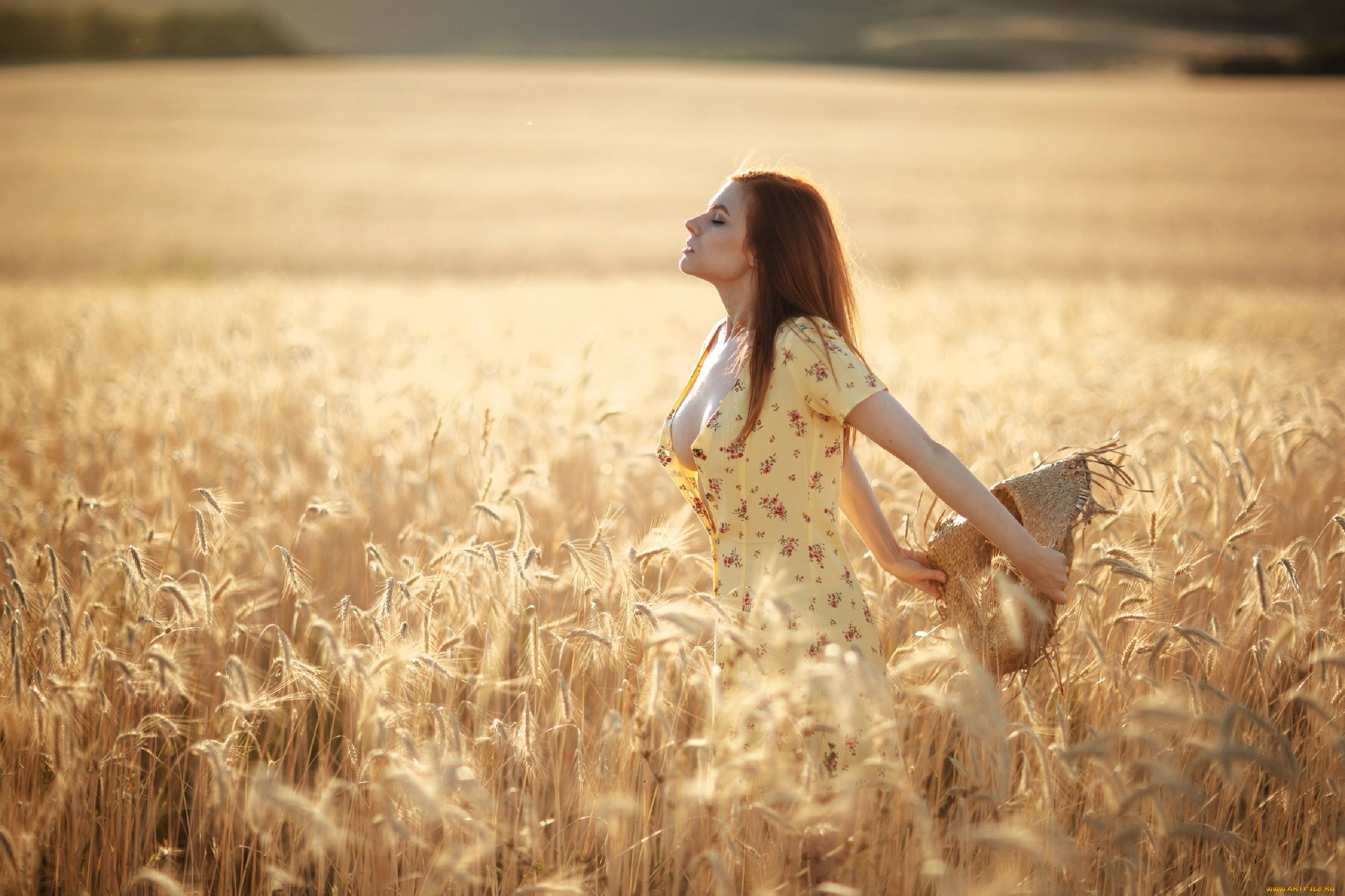 девушки, дарья, костина, поле, рыжие, волосы, платье, шляпа