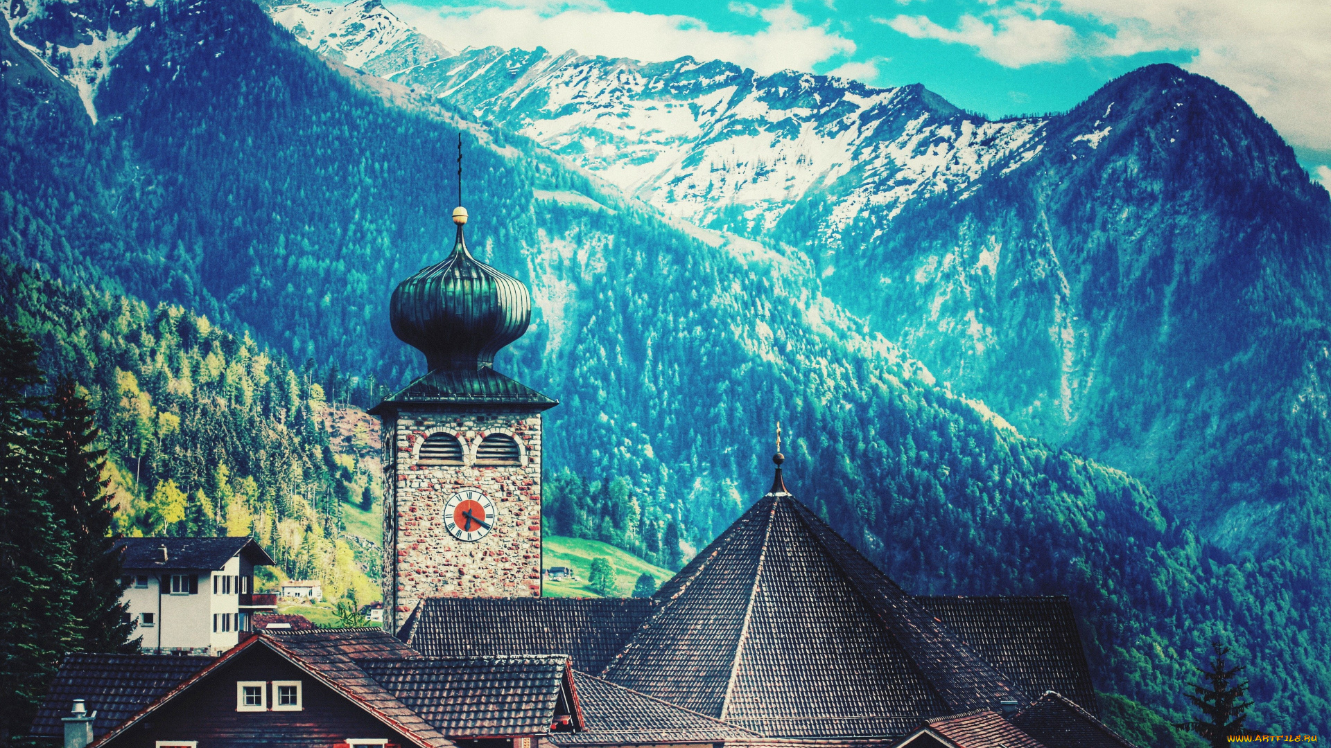 природа, горы, пейзаж, купола, синий, церковь