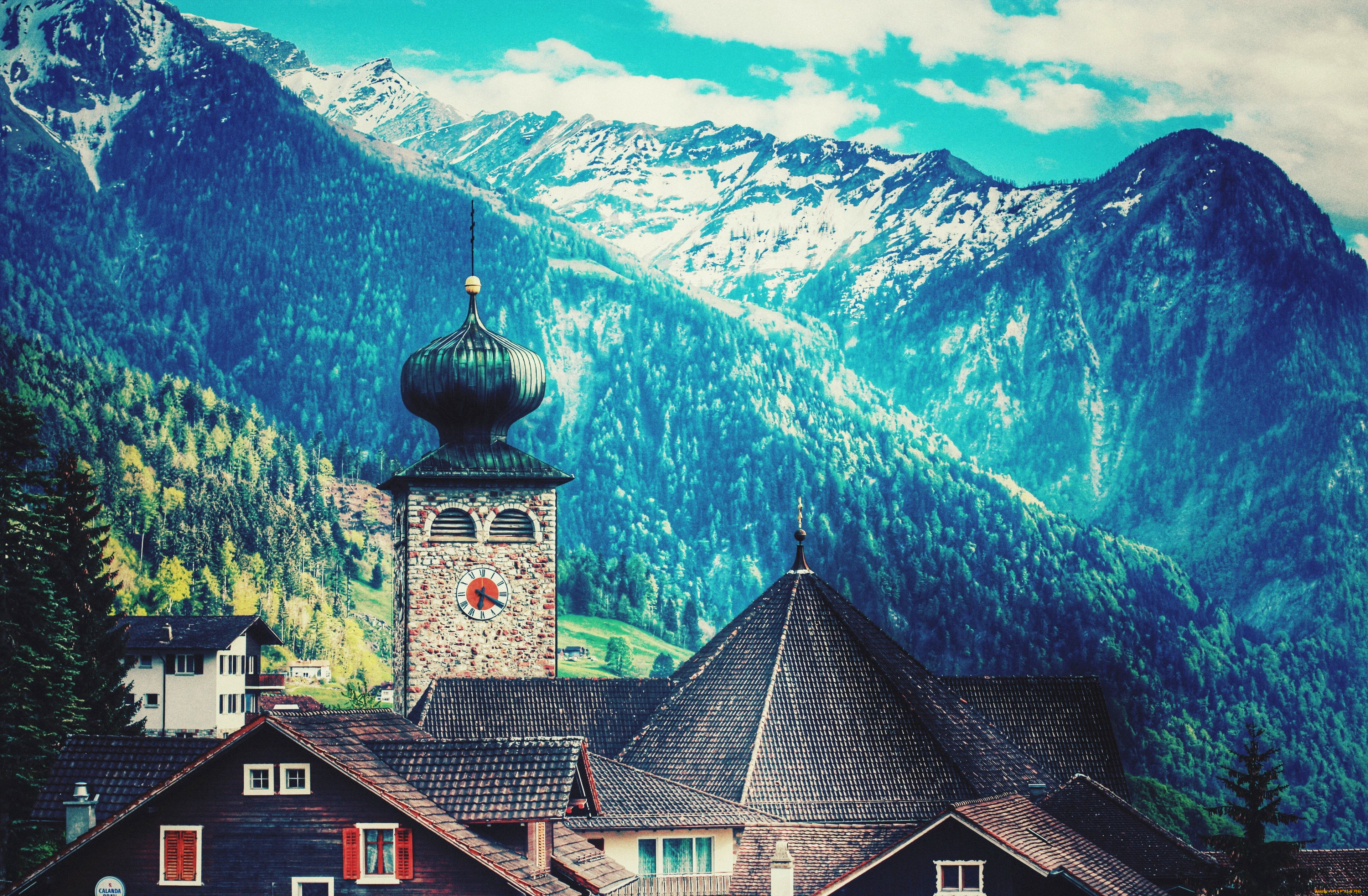 природа, горы, пейзаж, купола, синий, церковь