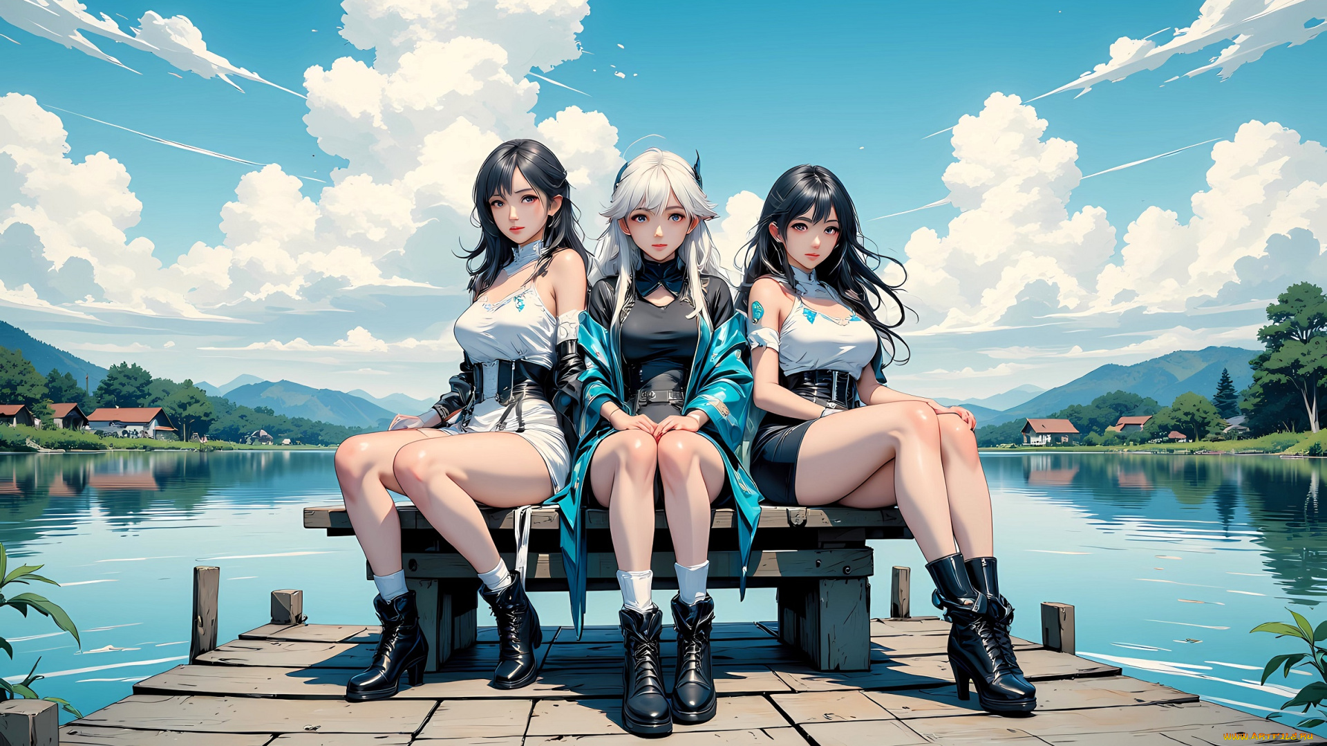 аниме, unknown, , другое, , девушки, скамейка, причал, озеро, дома