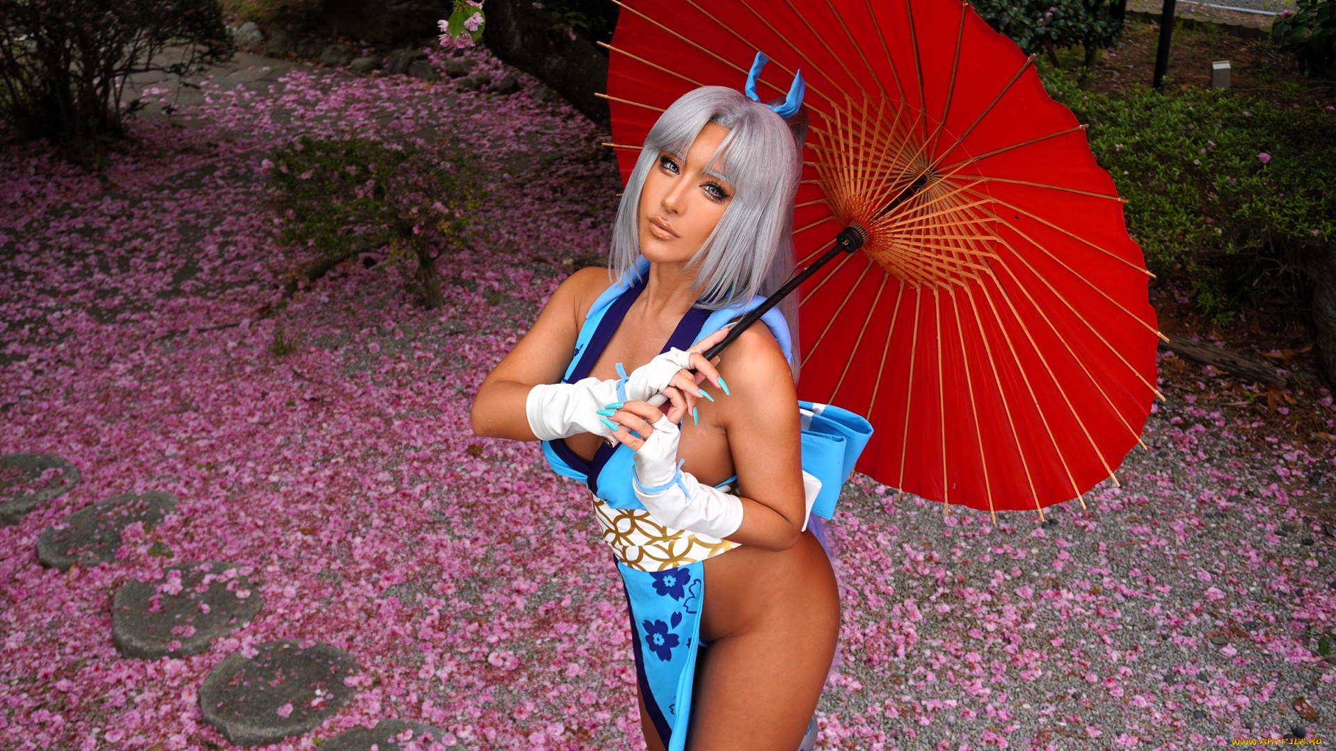 девушки, nonsummerjack, образ, косплей, наряд, костюм, платье, зонт, лепестки, сад, цветение