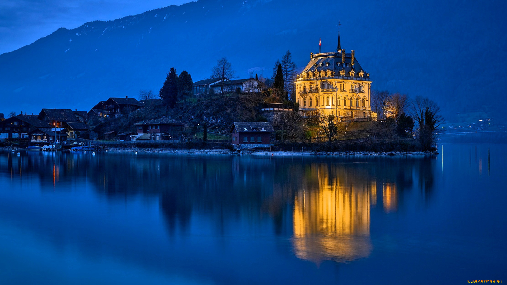 города, -, огни, ночного, города, швейцария, озеро, альпы, огни, дома, дворец