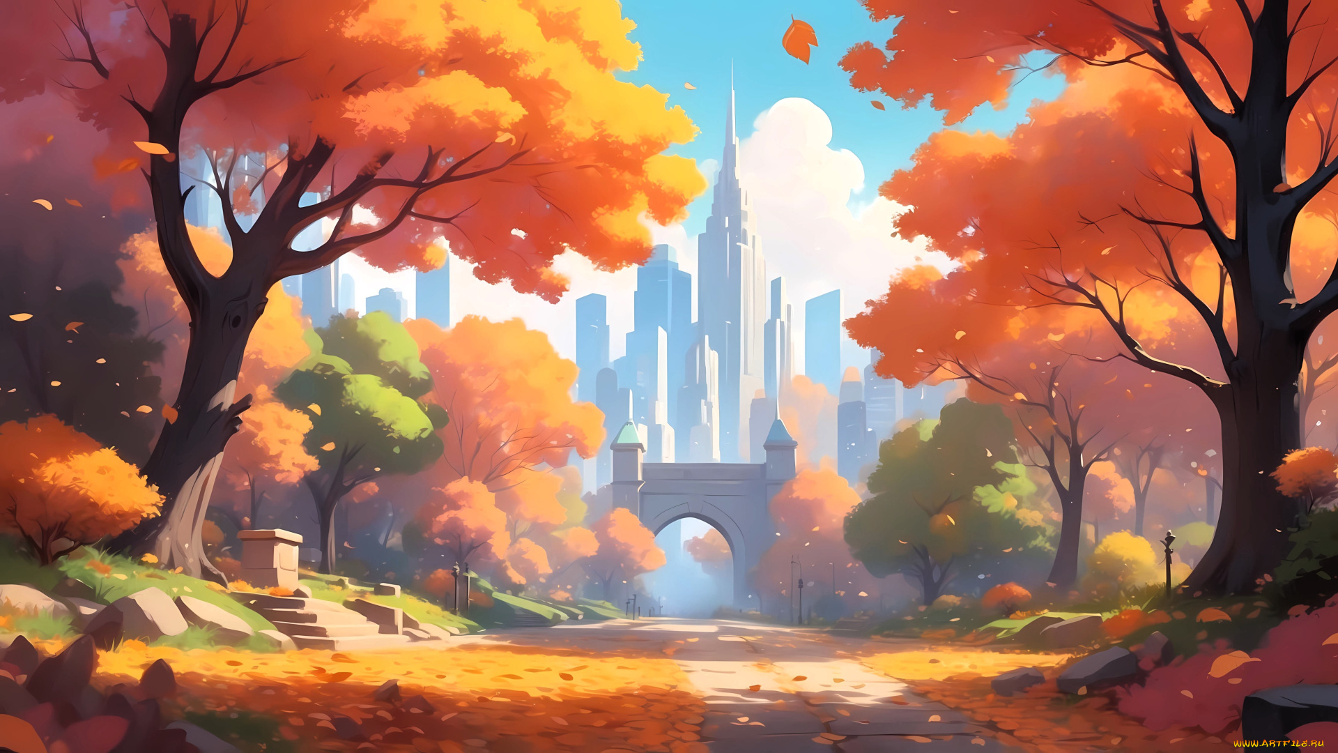 рисованное, города, город, арка, парк, осень, деревья, листья, дорожка