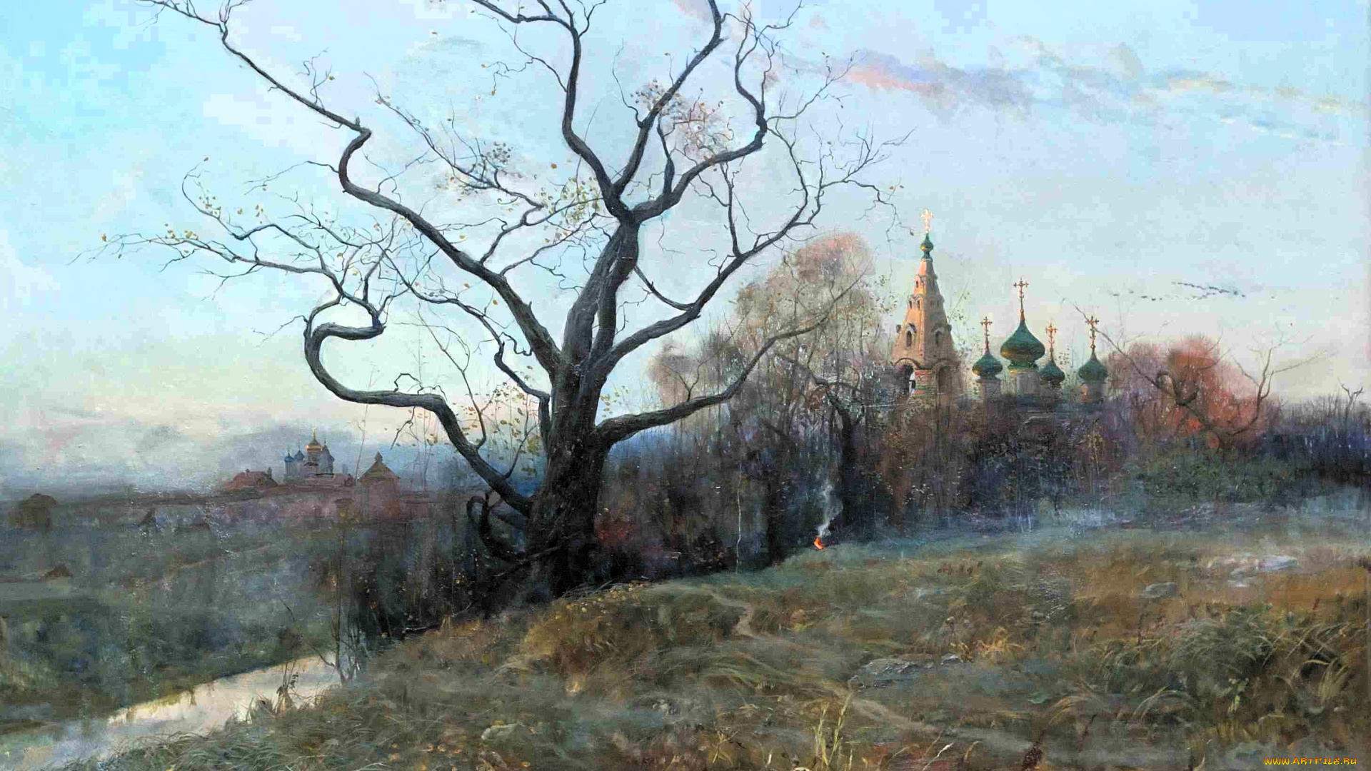 рисованное, павел, рыженко, дерево, осень, тропа, холмы, церкви