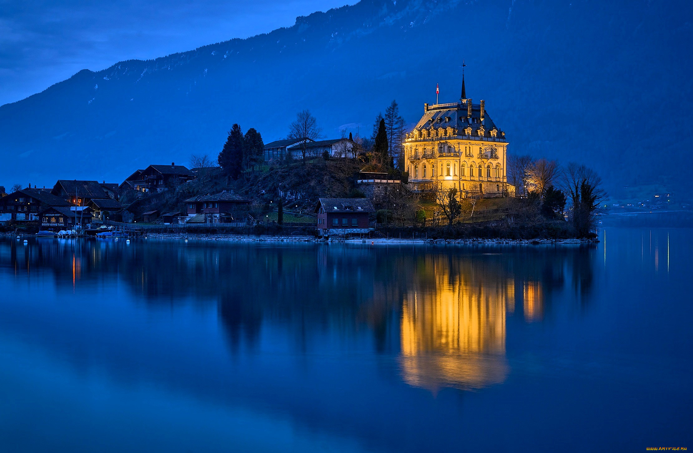 города, -, огни, ночного, города, швейцария, озеро, альпы, огни, дома, дворец