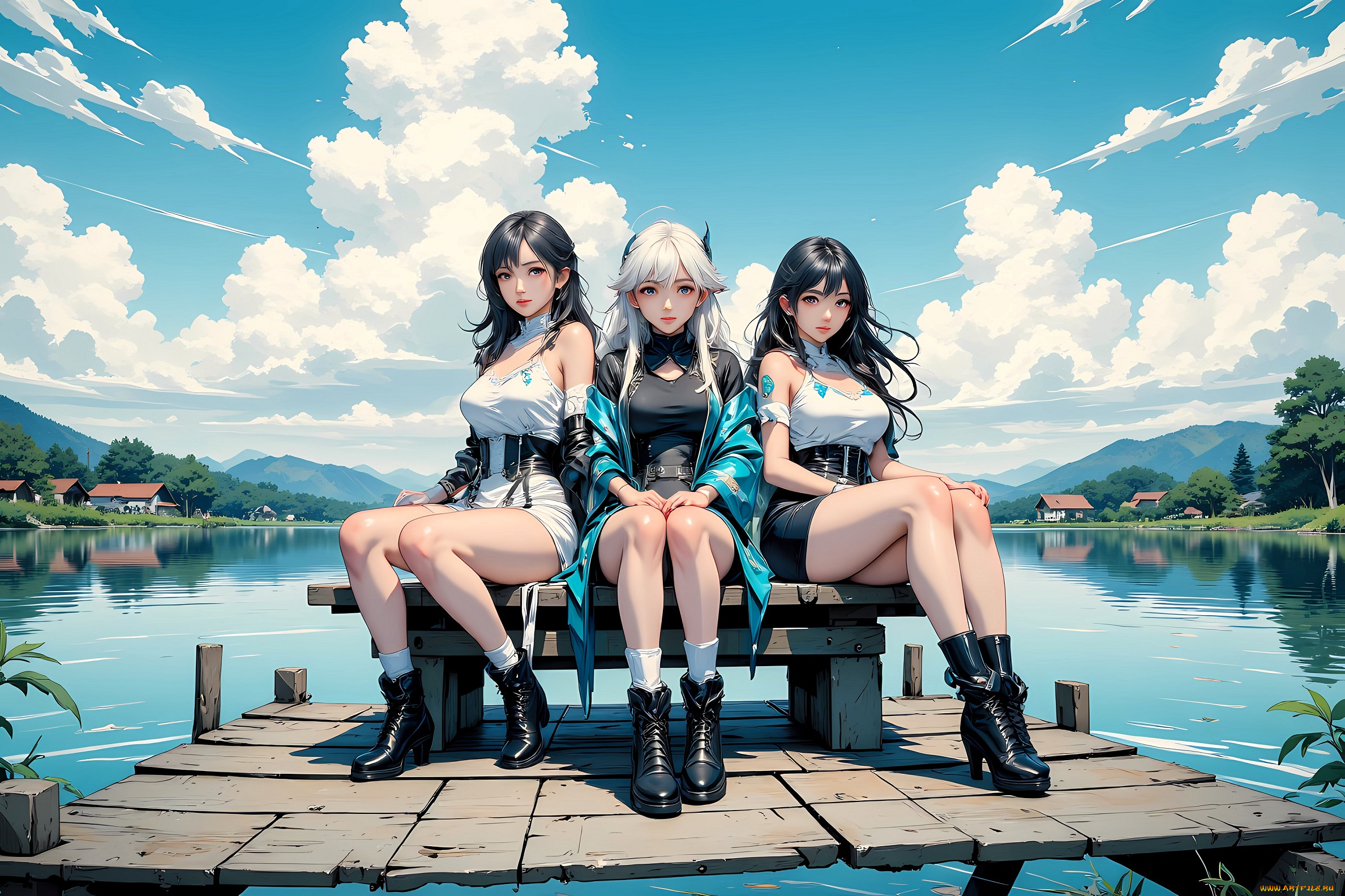 аниме, unknown, , другое, , девушки, скамейка, причал, озеро, дома