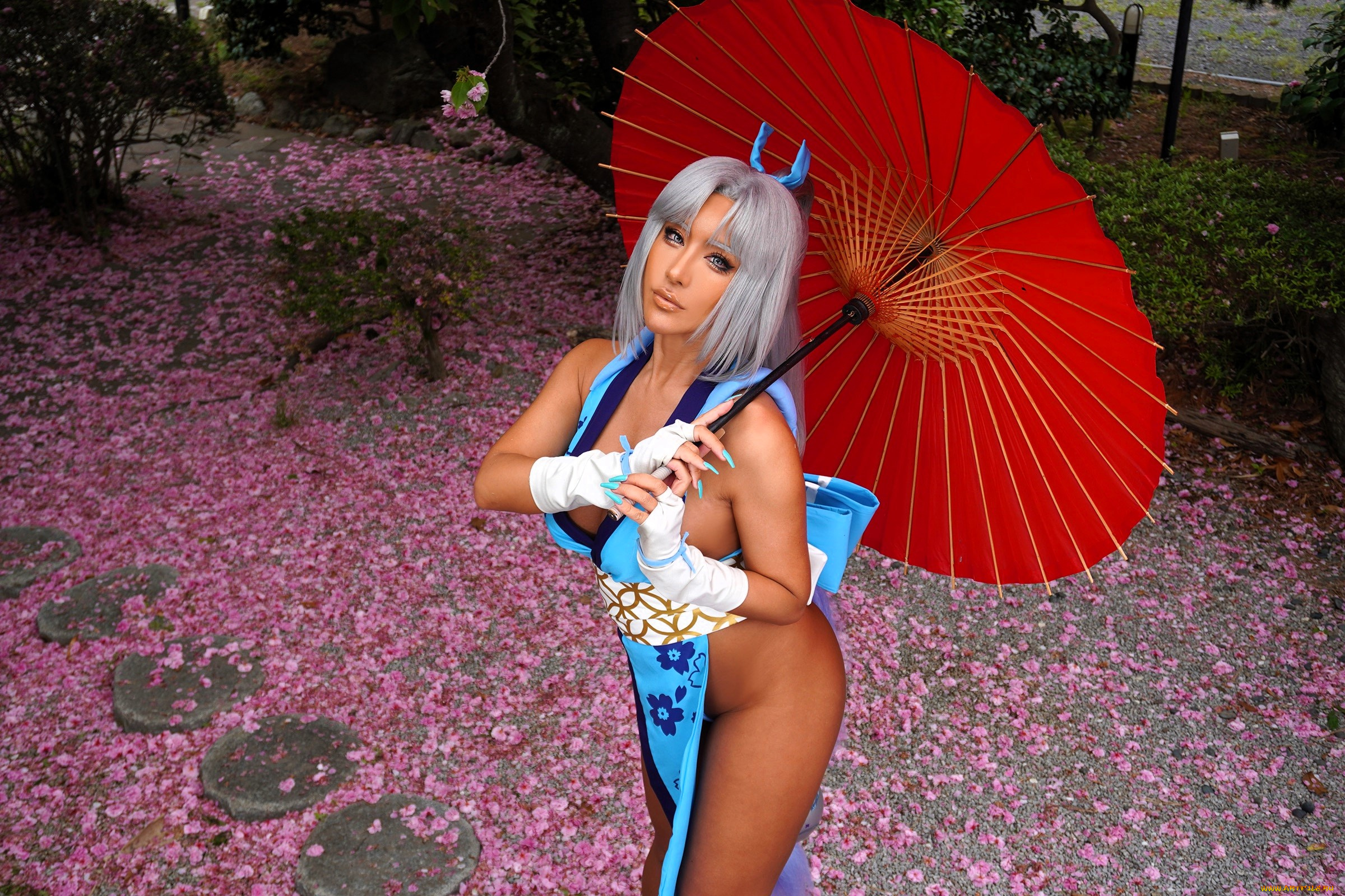 девушки, nonsummerjack, образ, косплей, наряд, костюм, платье, зонт, лепестки, сад, цветение