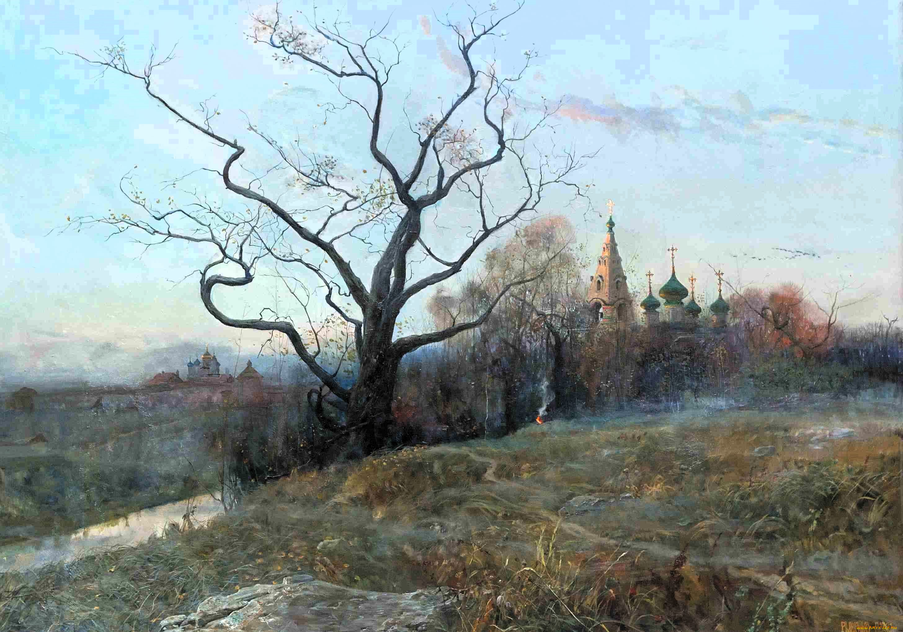 рисованное, павел, рыженко, дерево, осень, тропа, холмы, церкви