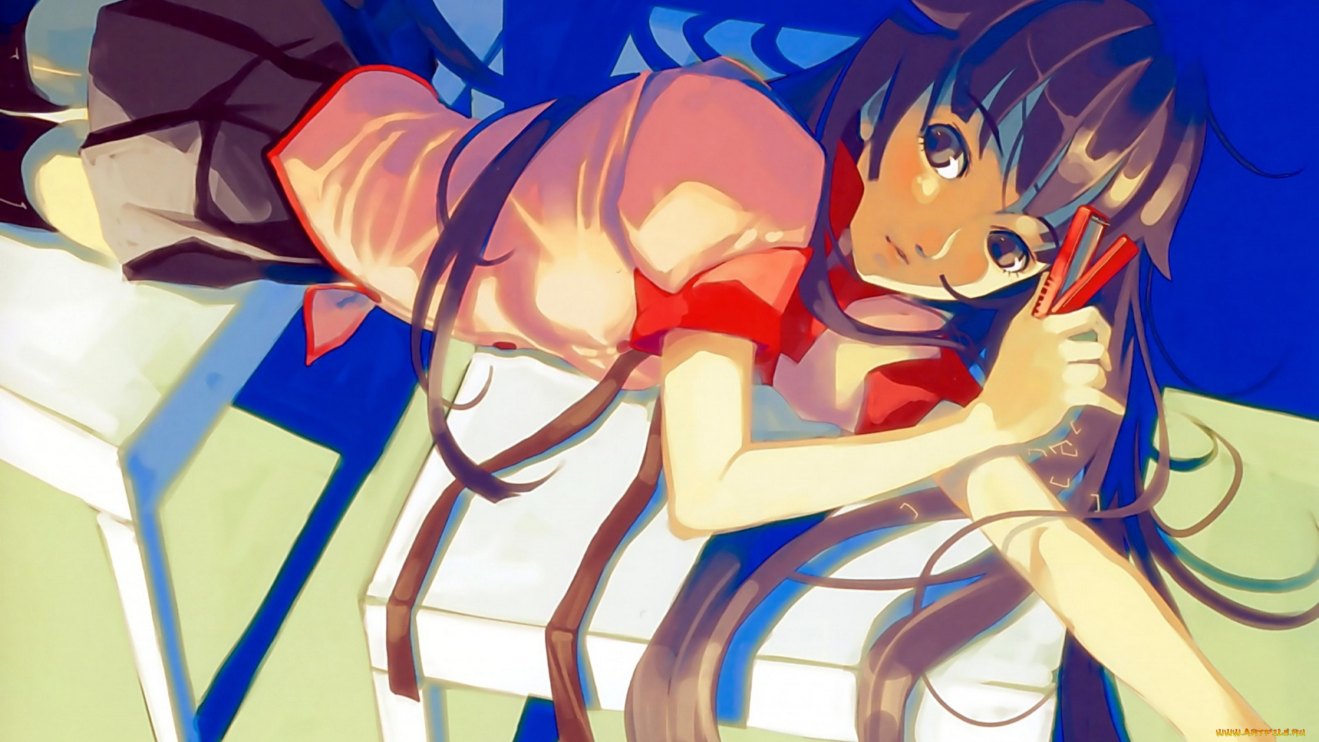 аниме, bakemonogatari, senjougahara, hitagi, девушка, форма, степлер, стол, комната