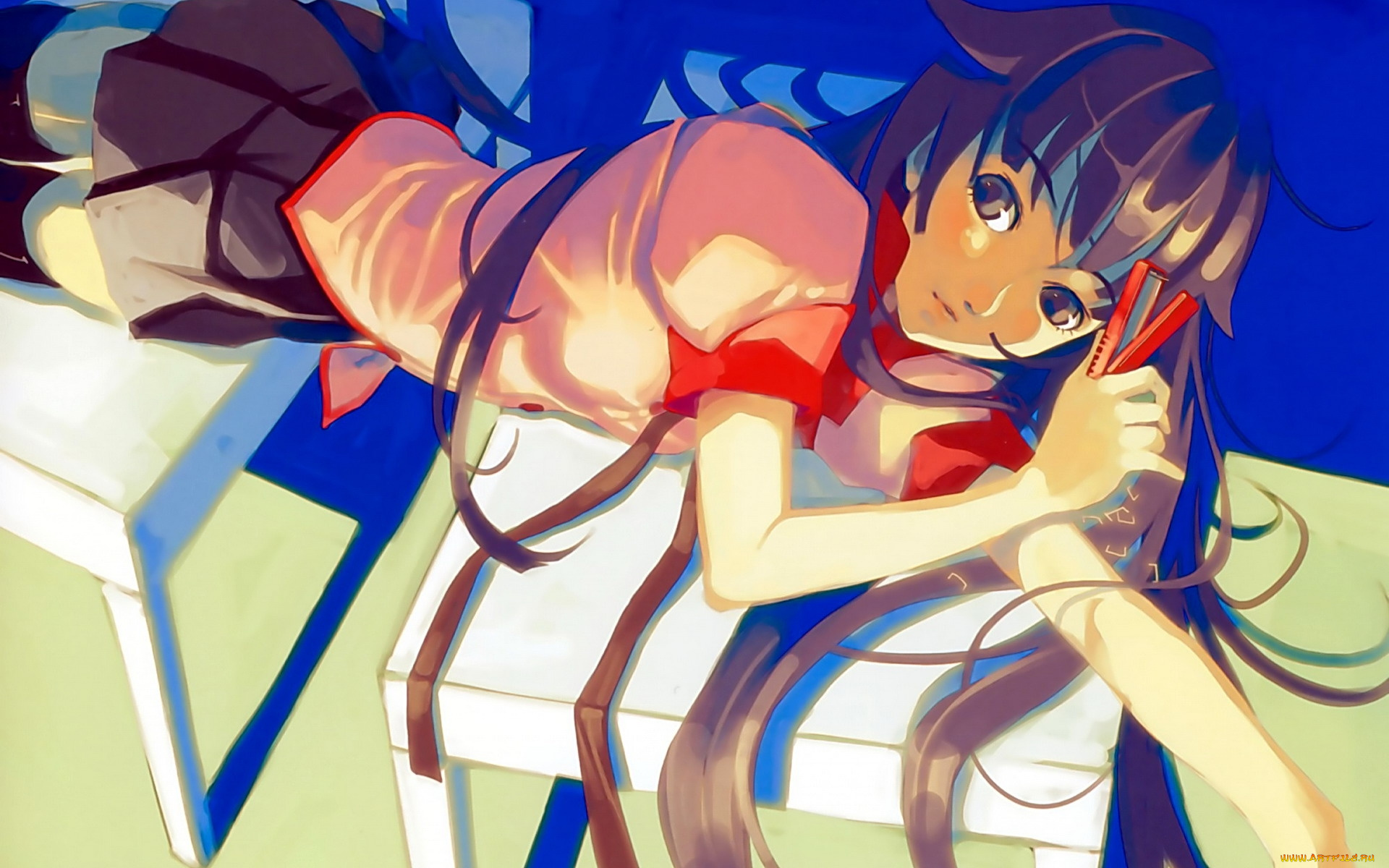 аниме, bakemonogatari, senjougahara, hitagi, девушка, форма, степлер, стол, комната