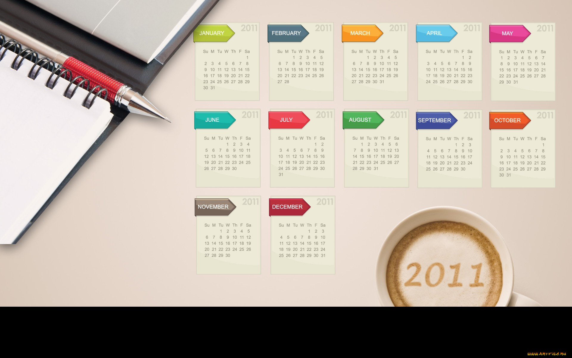 календари, рисованные, векторная, графика, ручка, кофе, блокнот