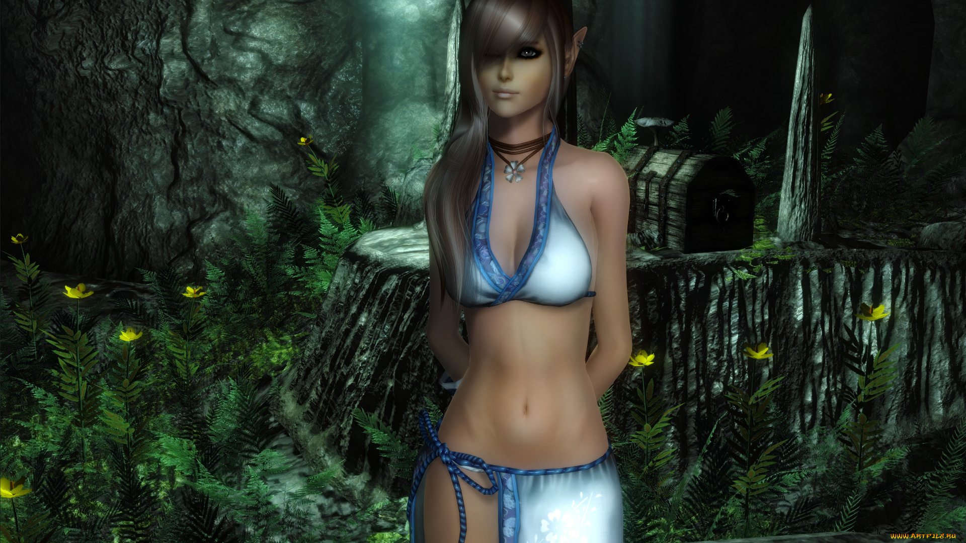 3д, графика, elves, эльфы, уши, пещера, свет, сундук, папоротник