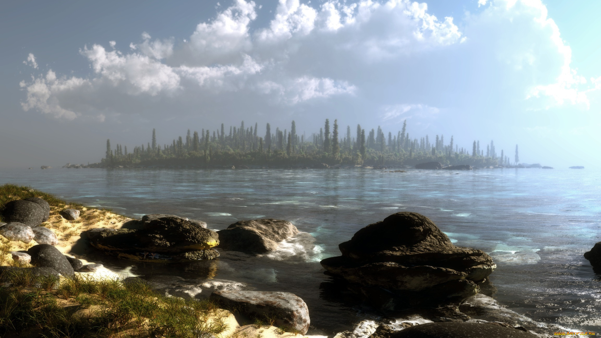 3д, графика, nature, landscape, природа, море, облака, остров, камни