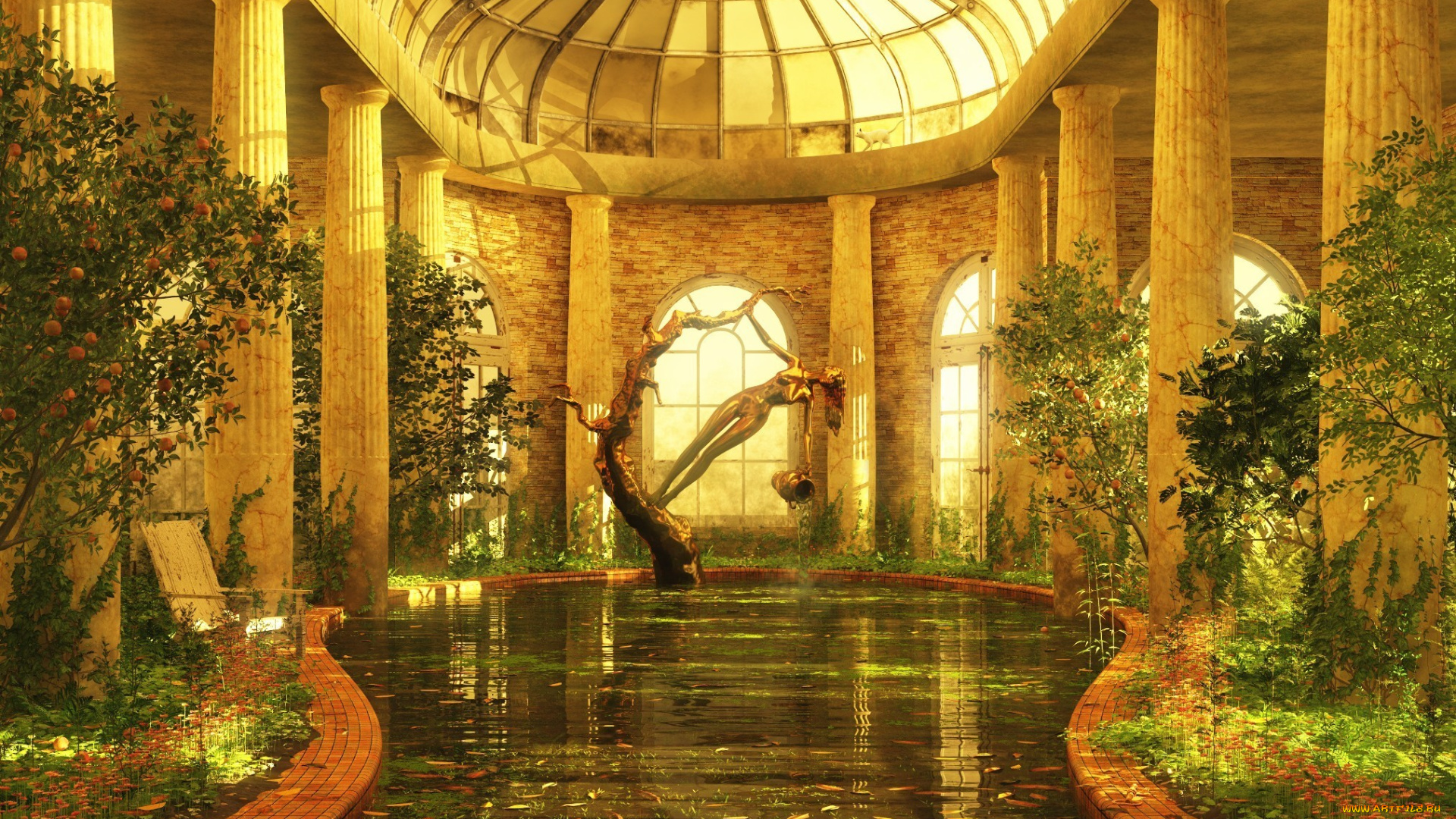 3д, графика, realism, реализм, зелень, скульптура, бассейн, помещение