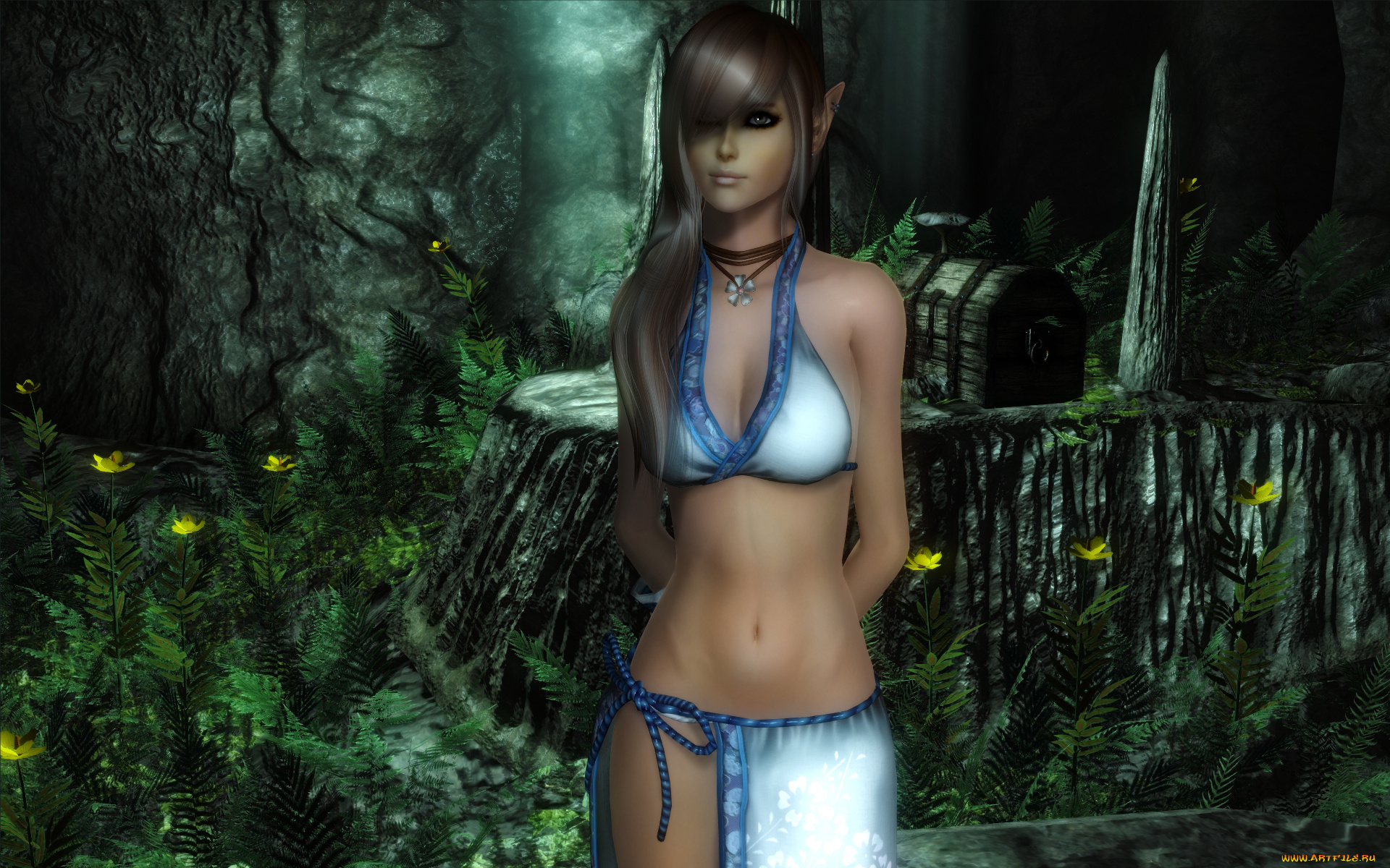 3д, графика, elves, эльфы, уши, пещера, свет, сундук, папоротник