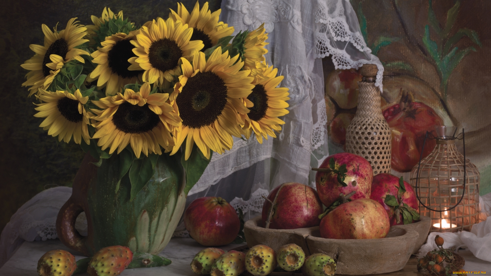 еда, натюрморт, подсолнухи, гранаты, опунция