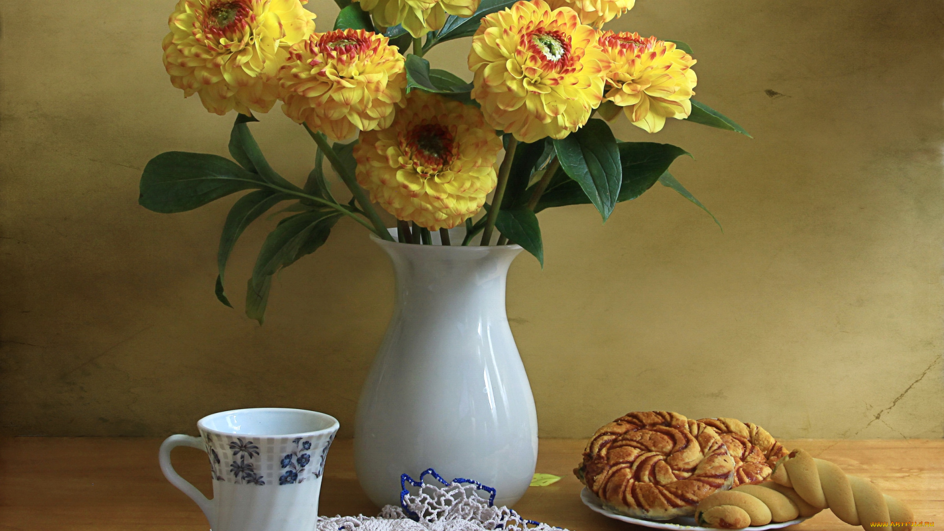 еда, натюрморт, выпечка, чашка, георгины