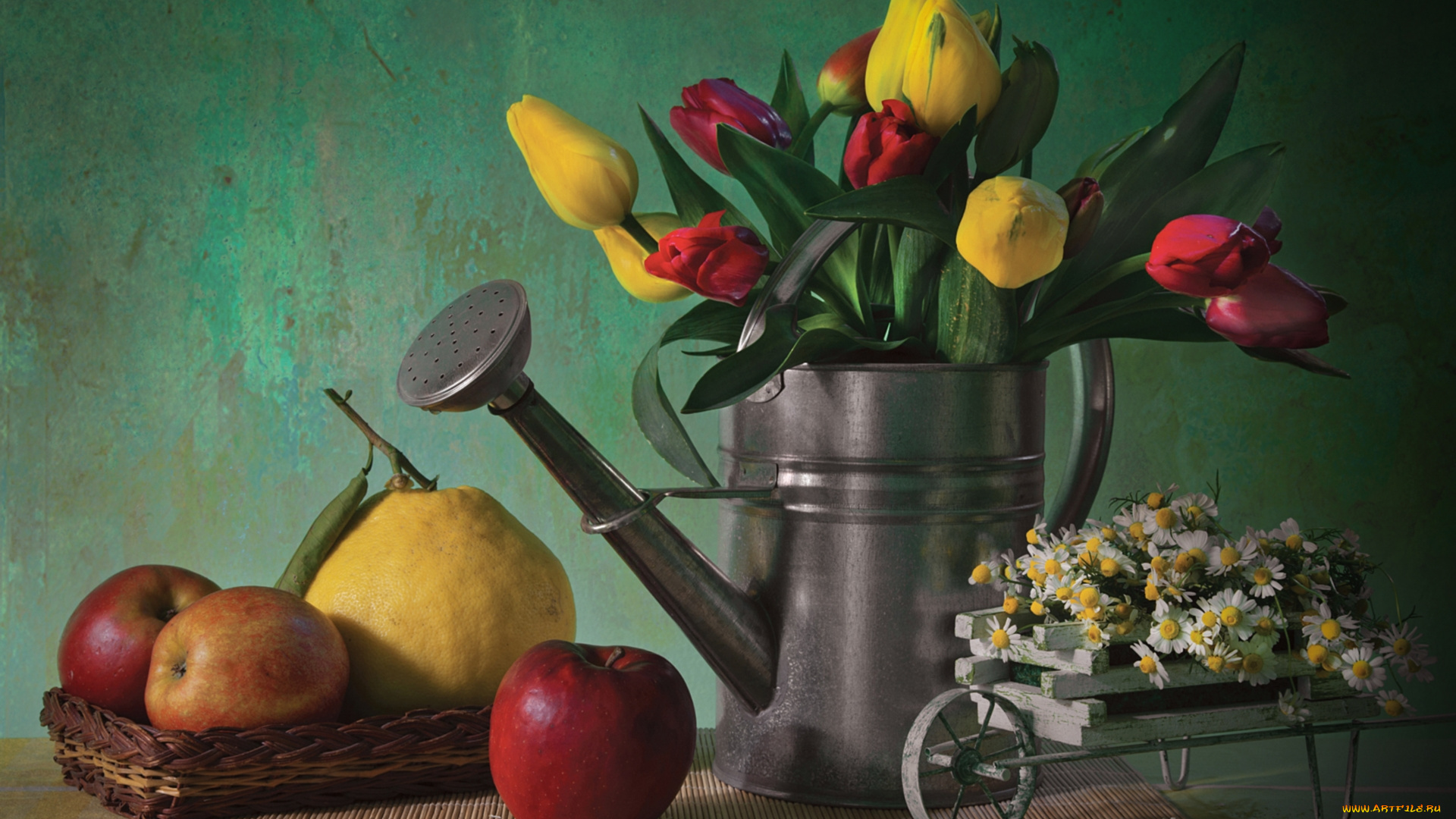 еда, натюрморт, яблоки, бергамот, тюльпаны