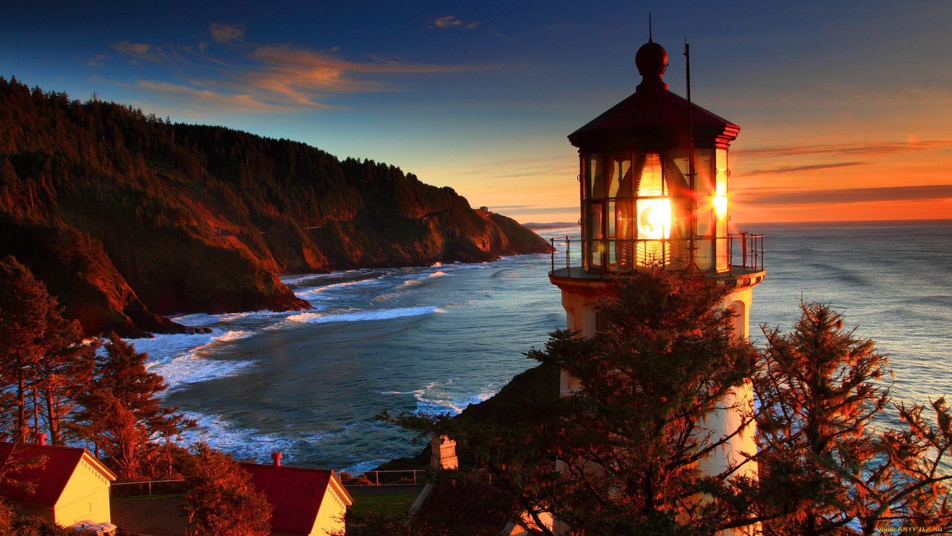 природа, маяки, дома, вечер, огни, море