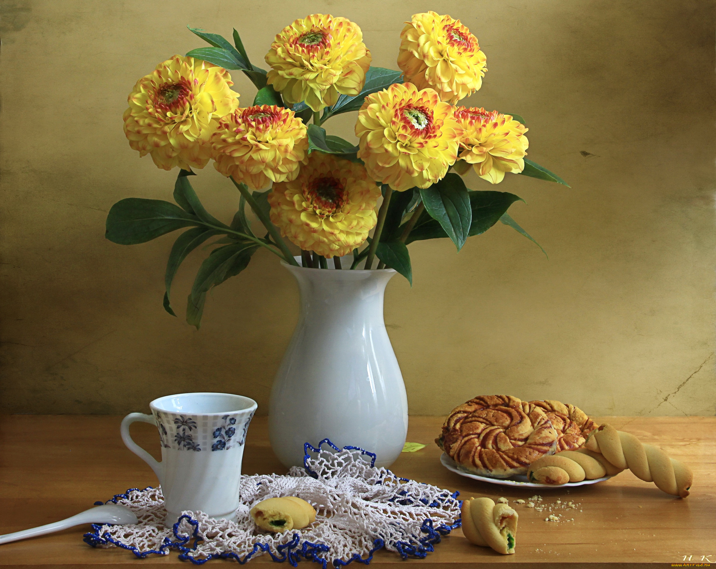 еда, натюрморт, выпечка, чашка, георгины