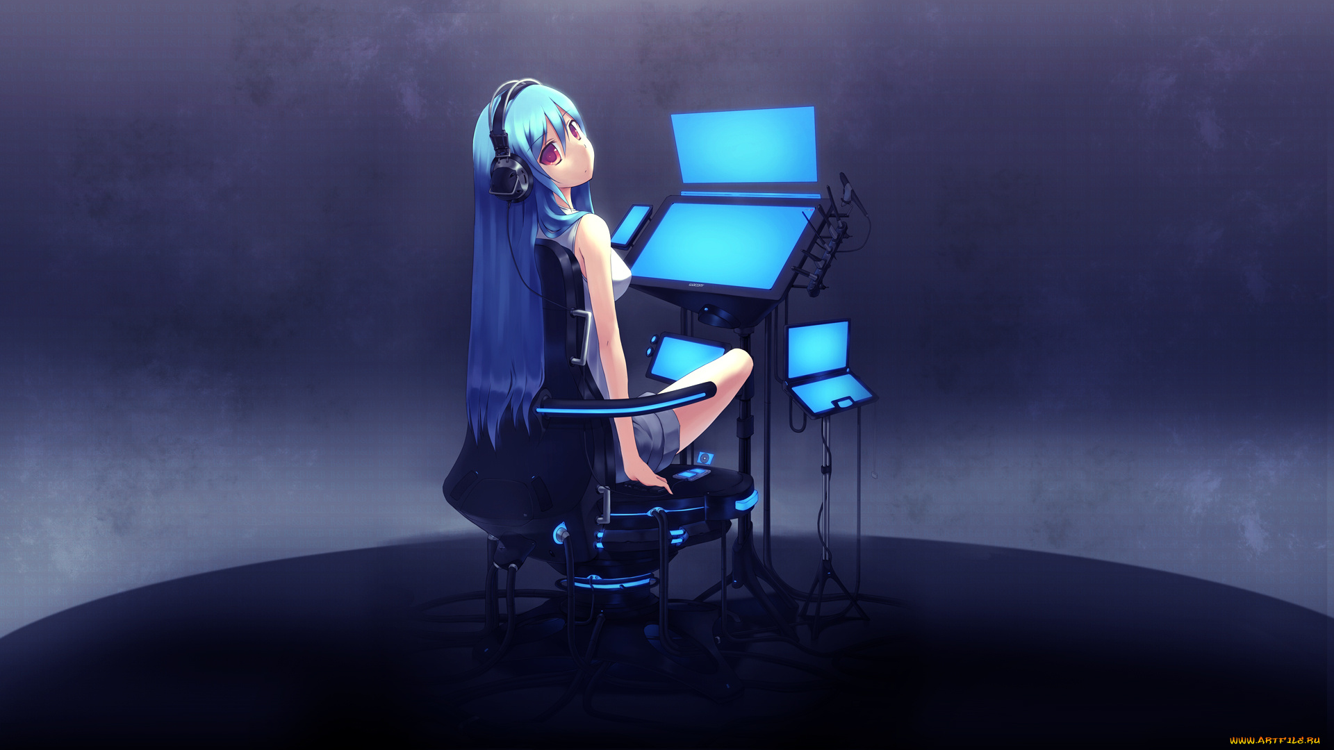 аниме, -headphones, &, instrumental, девушка, экран, компьютер, перо, графический, планшет, художник, провода, наушники, кресло