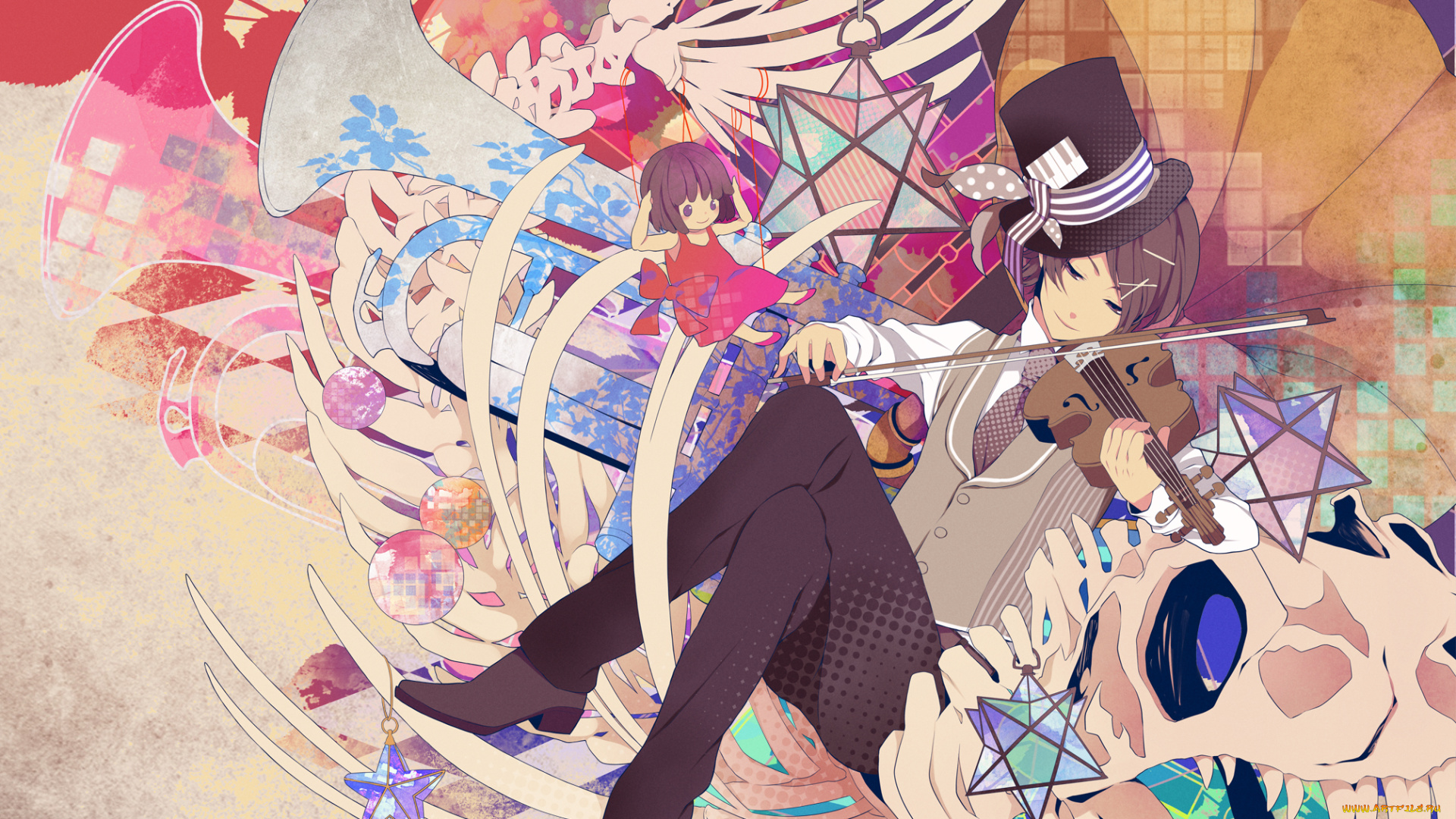 аниме, -headphones, &, instrumental, игрушки, soraru, звезды, кости, кукла, скелет, смычок, мужчина, скрипка, шляпа, nico, singer, дракон, граммофон